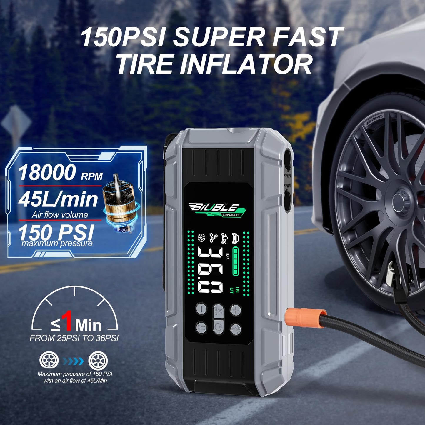 8000A Jump Starter with Air Inflator/Deflator Compressor, 65W Charging Car Battery Jump Starter (All Gas/16L Diesel), 24800mAh 150PSI Battery Jumper Starter Portable, Jump Box Jump Pack with LED Light