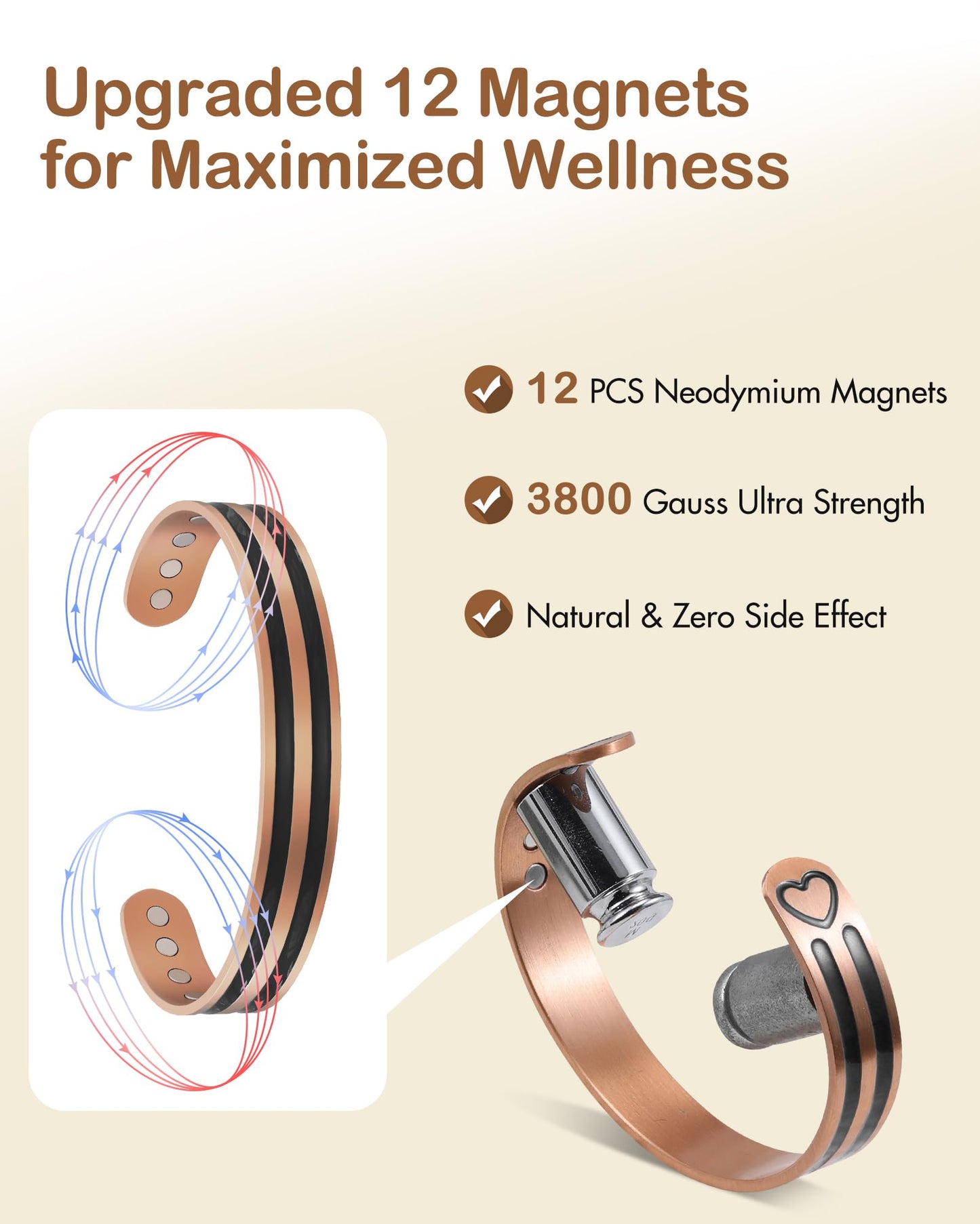 Feraco Copper Bracelet for Men Women, 12X Enhanced Strength Magnetic Bracelet with 3800 Gauss Neodymium Magnets, Pure Copper Cuff Bangle, Adjustable Jewelry Gift (Black Heartflow)