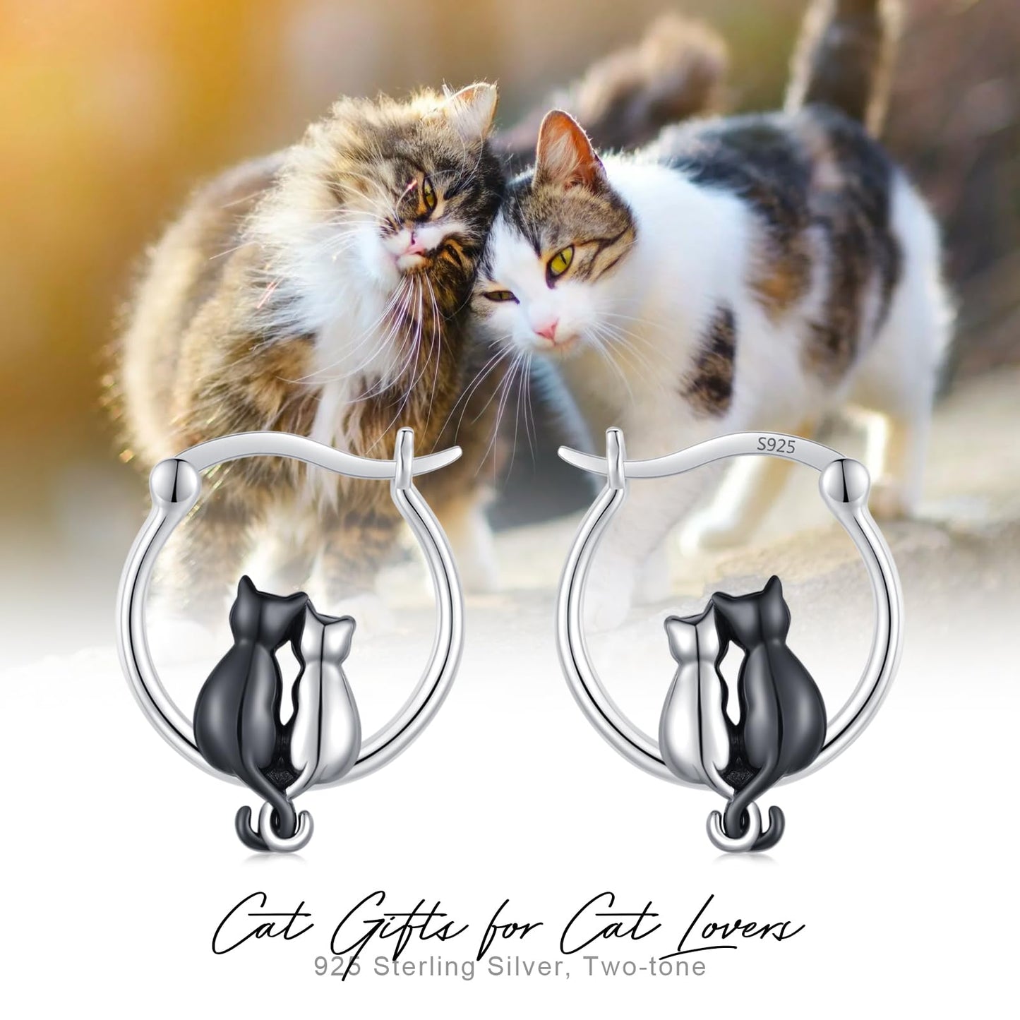 Two Cats Earrings 925 Sterling Silver Black and Silver Cat Huggie Hoop Earrings Animal Jewelry Best Friend Couples Sister Gifts for Cat Lovers Women