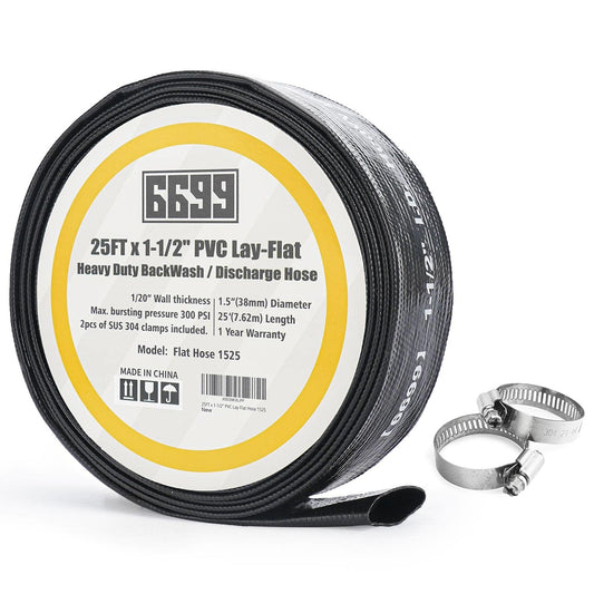 6699 Discharge Hose 1-1/2-Inch by 25-foot Sump Pump Hose with 2pcs SUS 304 Clamps Pool Backwash Hose for Draining/Removing Water Lay Flat Hose 1525