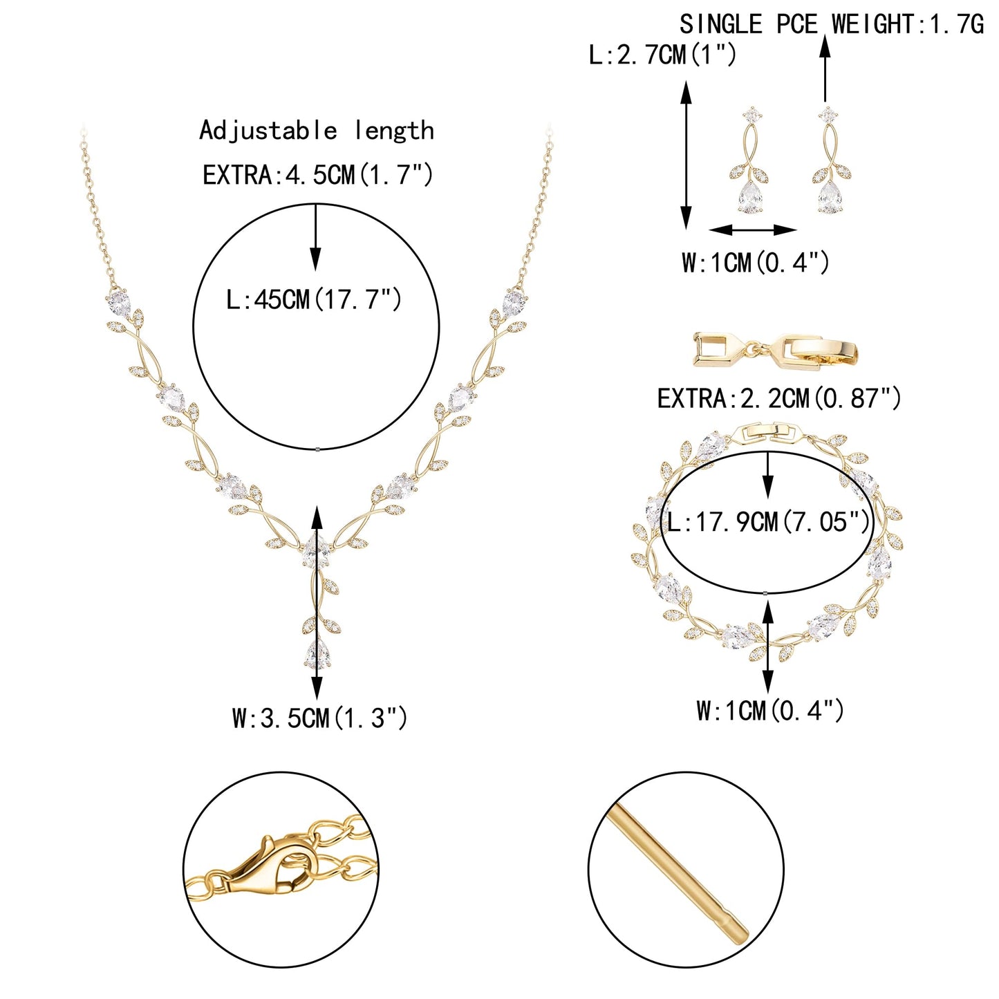 EVER FAITH Wedding Jewelry Set for Bride Bridesmaid, Gold-Plated-Brass Teardrop Cubic Zirconia Leaf Vine Bridal Prom Necklace Dangle Earrings Bracelet Sets for Women