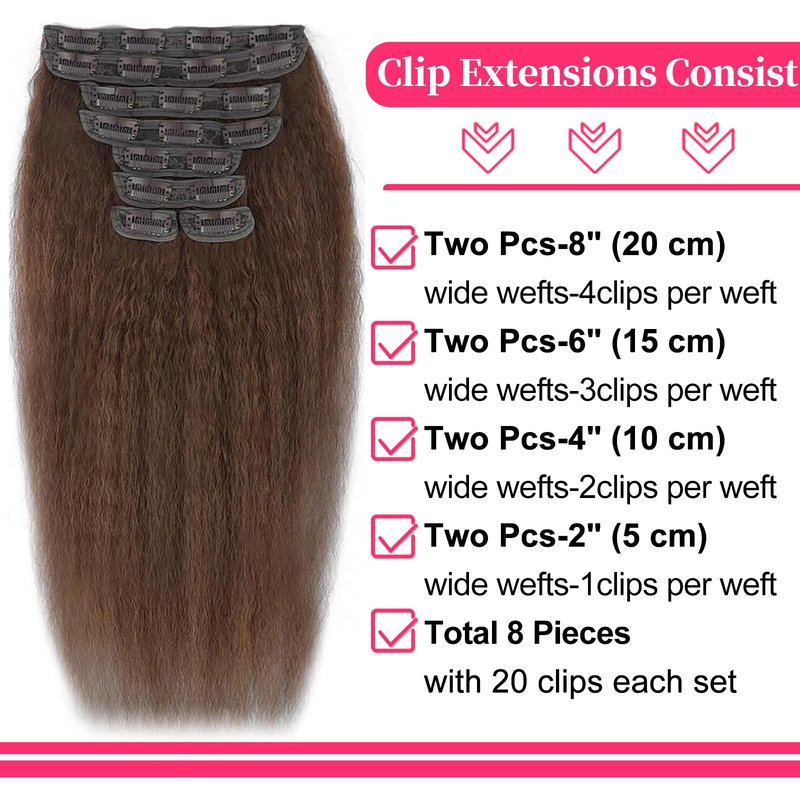 14 Inch Chocolate Brown Kinky Straight Clip in Hair Extensions Real Human Hair Clip in Extensions 8Pcs 110g 20 Clips Brazilian Virgin Hair Yaki Straight Clip ins Double Weft