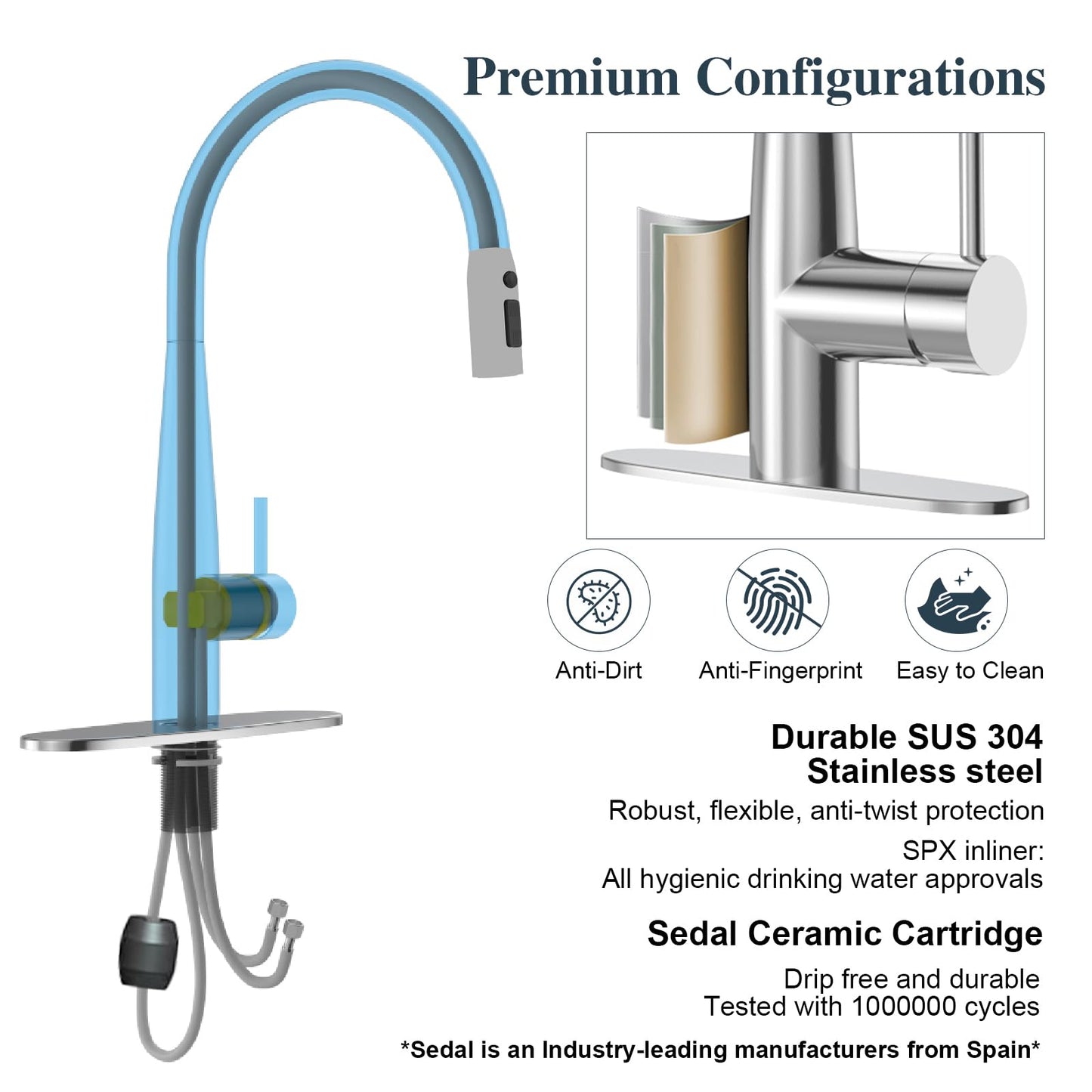 PureTap High Arc Pull Out Kitchen Faucet, Brushed Nickel Faucet, 1 or 3 Holes Kitchen Sink Bar Faucets with Pull Down Sprayer