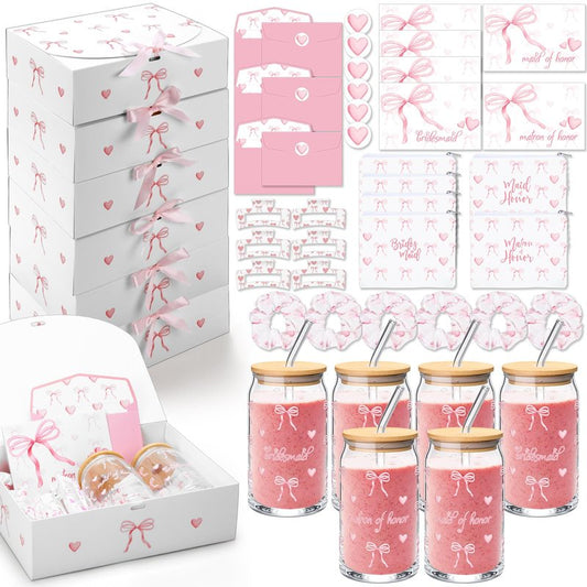 Meanplan 48 Pcs Bridesmaid Proposal Gift Box Set Bridal Shower Favor Wedding Bride Bachelorette Party Return Gift, Glass Cup Cosmetic Bag Scrunchies Hairpin Invited Card Envelope (Matron of Honor)