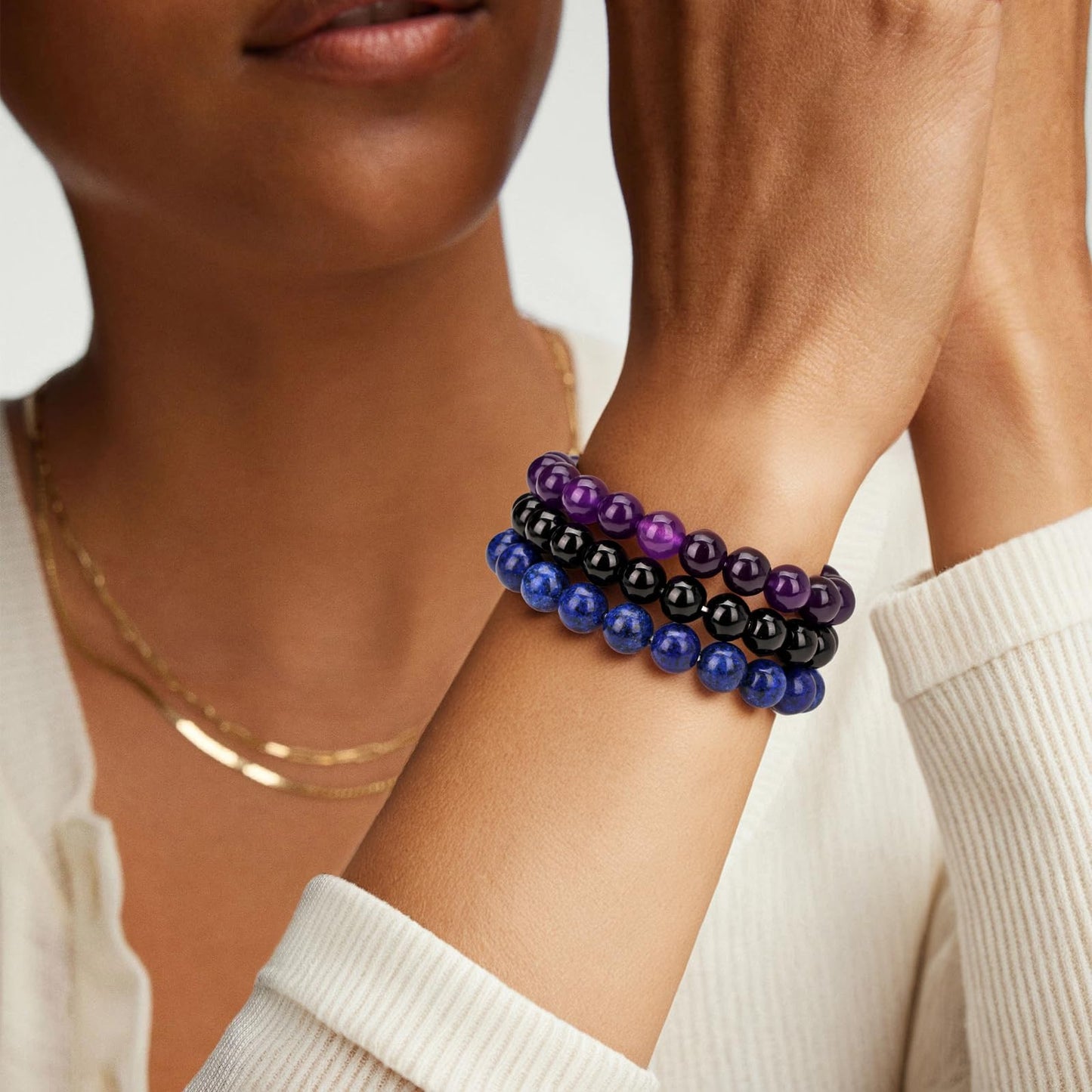 Pendlixy 3PCS Healing Crystal Bracelets for Women Men 8mm Amethyst Lapis Lazuli Obsidian Natural Stone Beaded Stretch Bracelet Handmade Gemstone Reiki Spiritual Jewelry Gifts