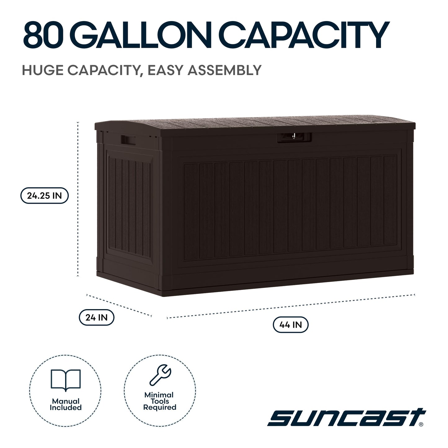 Suncast 80-Gal. Resin Large Outdoor Patio Deck Box with Pad-Lockable Lid, Modern Outdoor Patio Bench/Storage Box for Cushions, Garden Tools, and More, Java