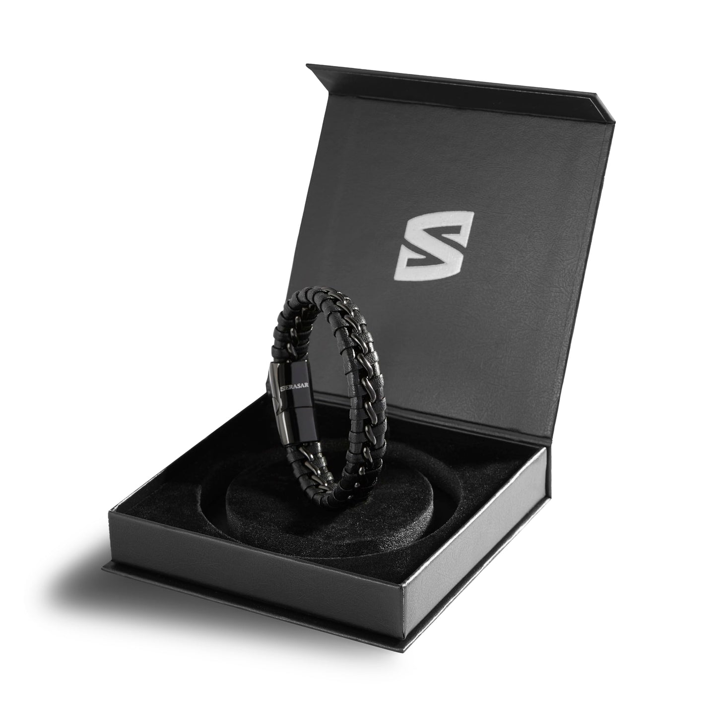 SERASAR Mens Bracelets 23cm Black Bracelet Men Gift Box Genuine Leather Cowhide Braided Magnetic Clasp Multi Layer Wrap Rope Man Mans Male Band Jewelry Magnet Accessories