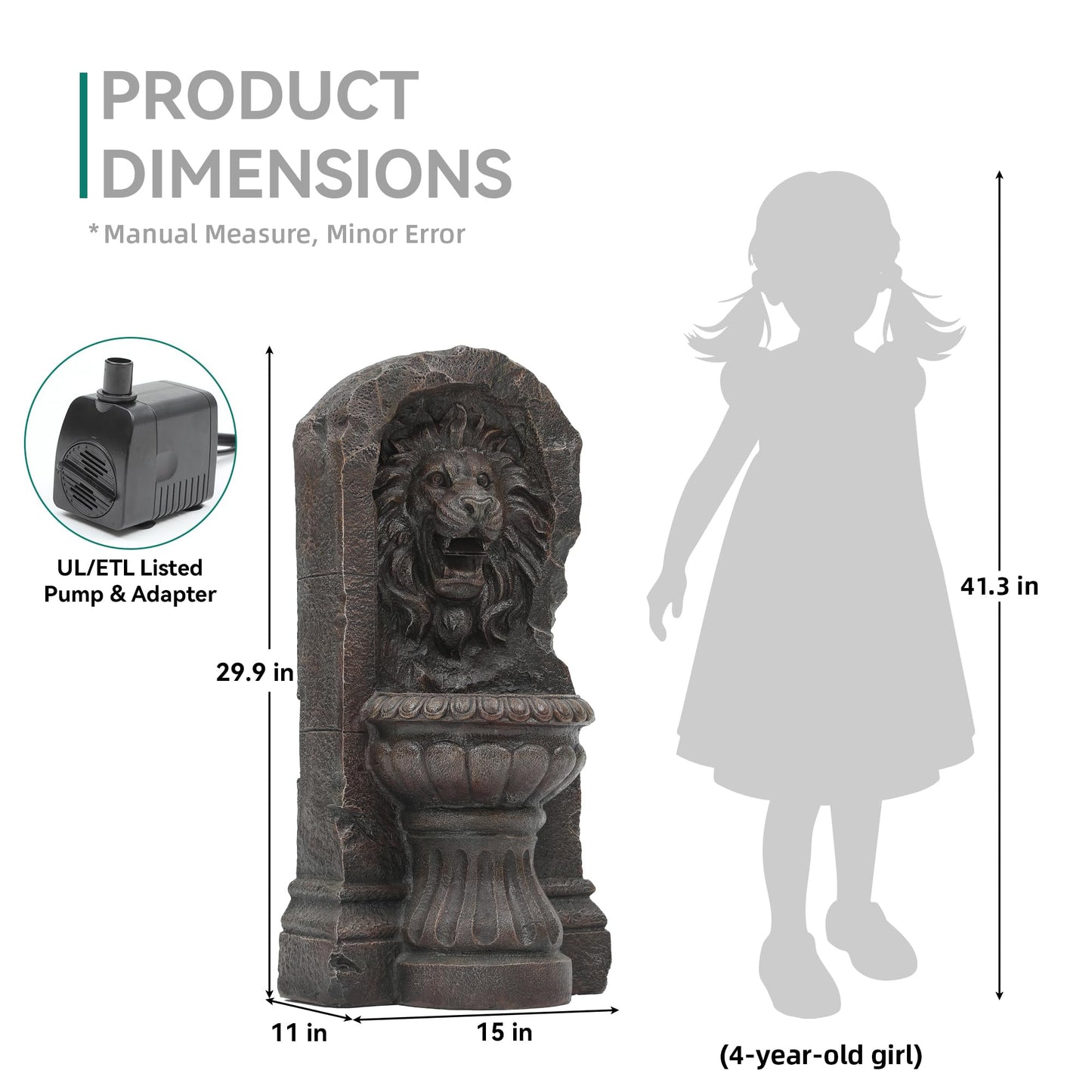 Autodaya 30" Lion Head Outdoor Water Fountain, Rustic Tiered Waterfall Fountain with LED Lights, Weatherproof Resin Freestanding Fountain for Garden, Patio, Yard & Courtyard Decor