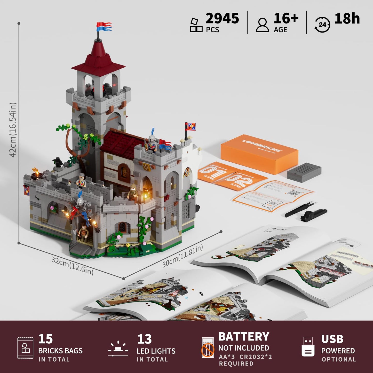 Lumibricks Medieval Guard Post Lighting Building Bricks Set - Middle Ages Castle Modular Collection Display Kit with Minifigures 2945 Pcs for Adults & Teens
