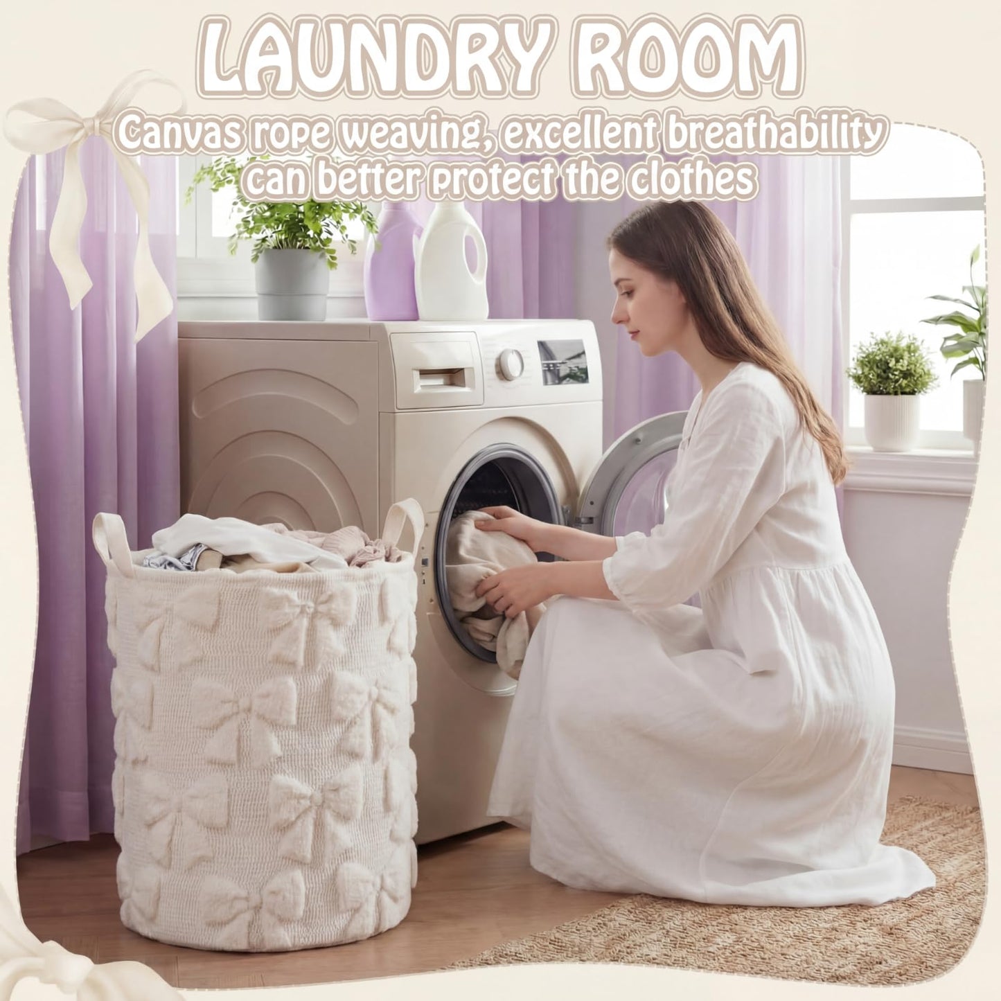 Blushtier White Bow Laundry Hamper Girls Room Decor Coquette White Bow Plush Faux Fur Basket Kids Large Storage Basket Collapsible Organize Bins for Gifts Toys Blanket Clothes Nursery Bedroom
