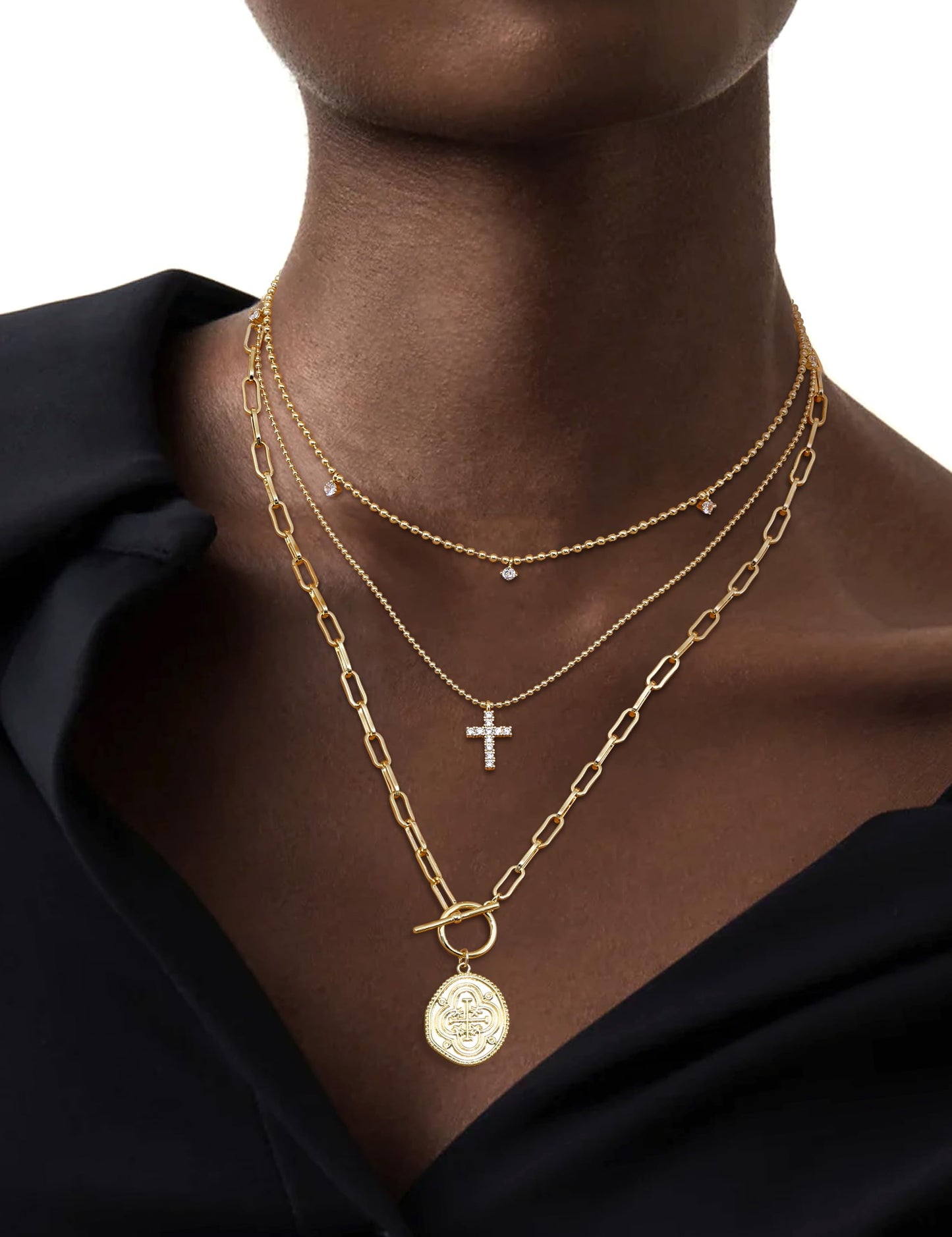 ORAZIO Layered 14K Gold Plated Necklaces for Women Dainty Necklace Stack Silver Plated Non Tarnish Free Pendant Chunky Chain Pearl Paperclip Cross Heart Necklace Set for Women D