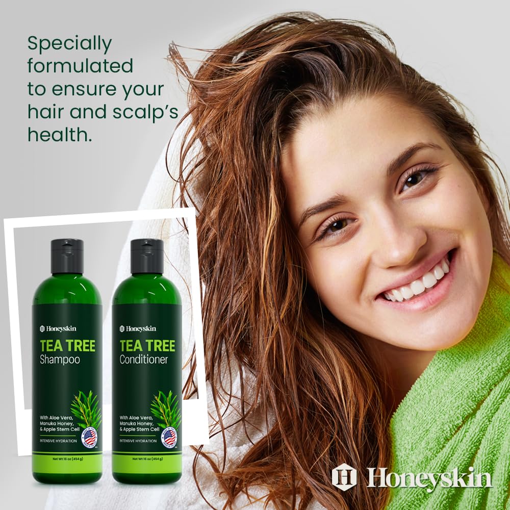 Tea Tree & Honey Shampoo & Conditioner Set - Dandruff Treatment With Organic Tea Tree Oil - Itchy Scalp Treatment for Women & Men - Sulfate and Paraben Free With Manuka Honey Aloe Vera & Coconut (8oz)
