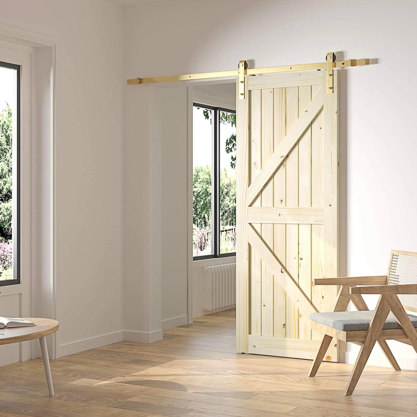 Rio Salto Gold Barn Door Hardware Kit Sliding Door Hardware Modern Barn Interior Brushed Brass Panel Hardware Hardware Kit, 6ft 7in - NO Door