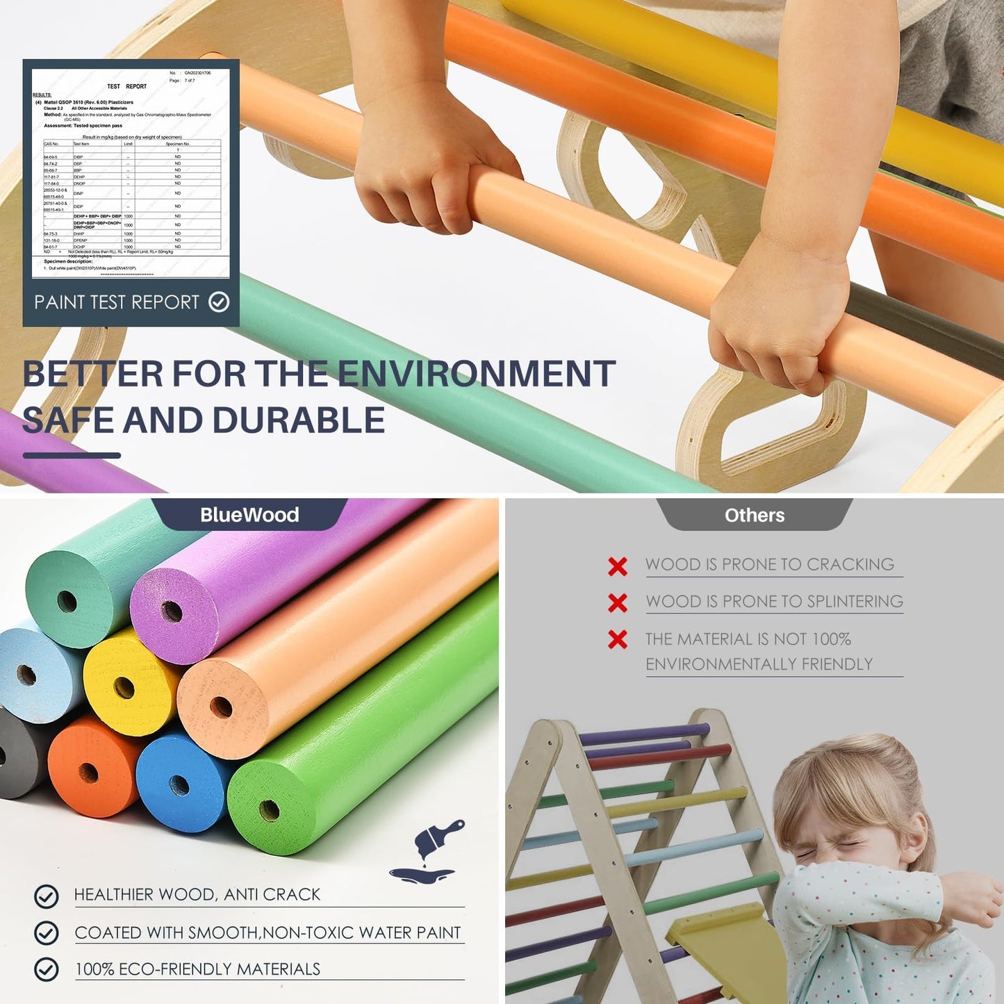 BlueWood Pikler Triangle Set with Cushion, 8-in-1 Foldable Wooden Toddler Climbing Toys Indoor Playground Jungle Gym Montessori Philosophy Climber for 2-6 Years Old, Baby, Kids (Rainbow)