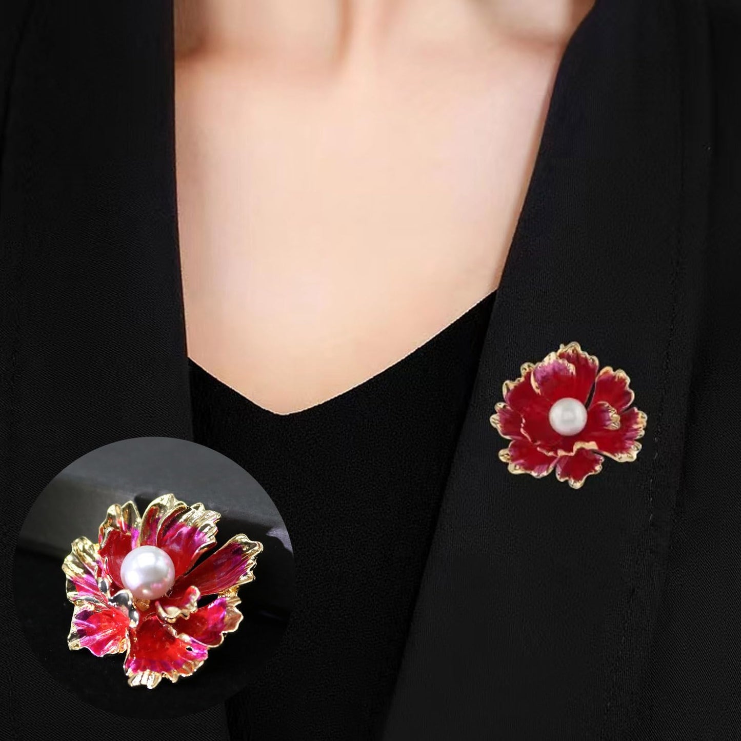 Red/White Enamel Peony Flower Crystal Brooches Pins Fashion Beautiful Created Rhinestone Pearl Floral Brooch Good Idea for Party Dance Wedding Banquet for Elegant Women Girl (Red Enamel Flower)