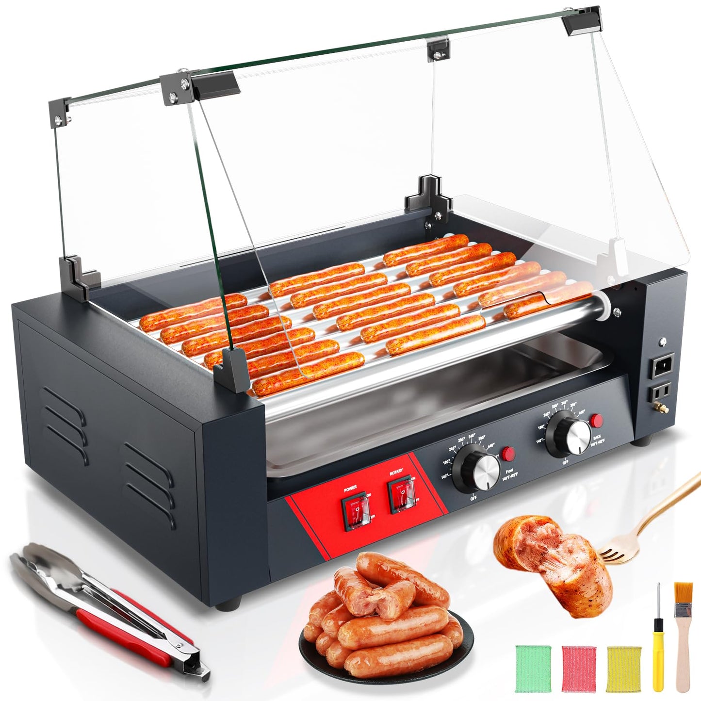 Baotree Commercial Hot Dog Rollers, 7 Rollers 18-24 Hot Dogs Capacity, 1000W Stainless Steel Hot Dog Griller with Dual Controls, Glass Cover, Removable Tray for Commercial and Party