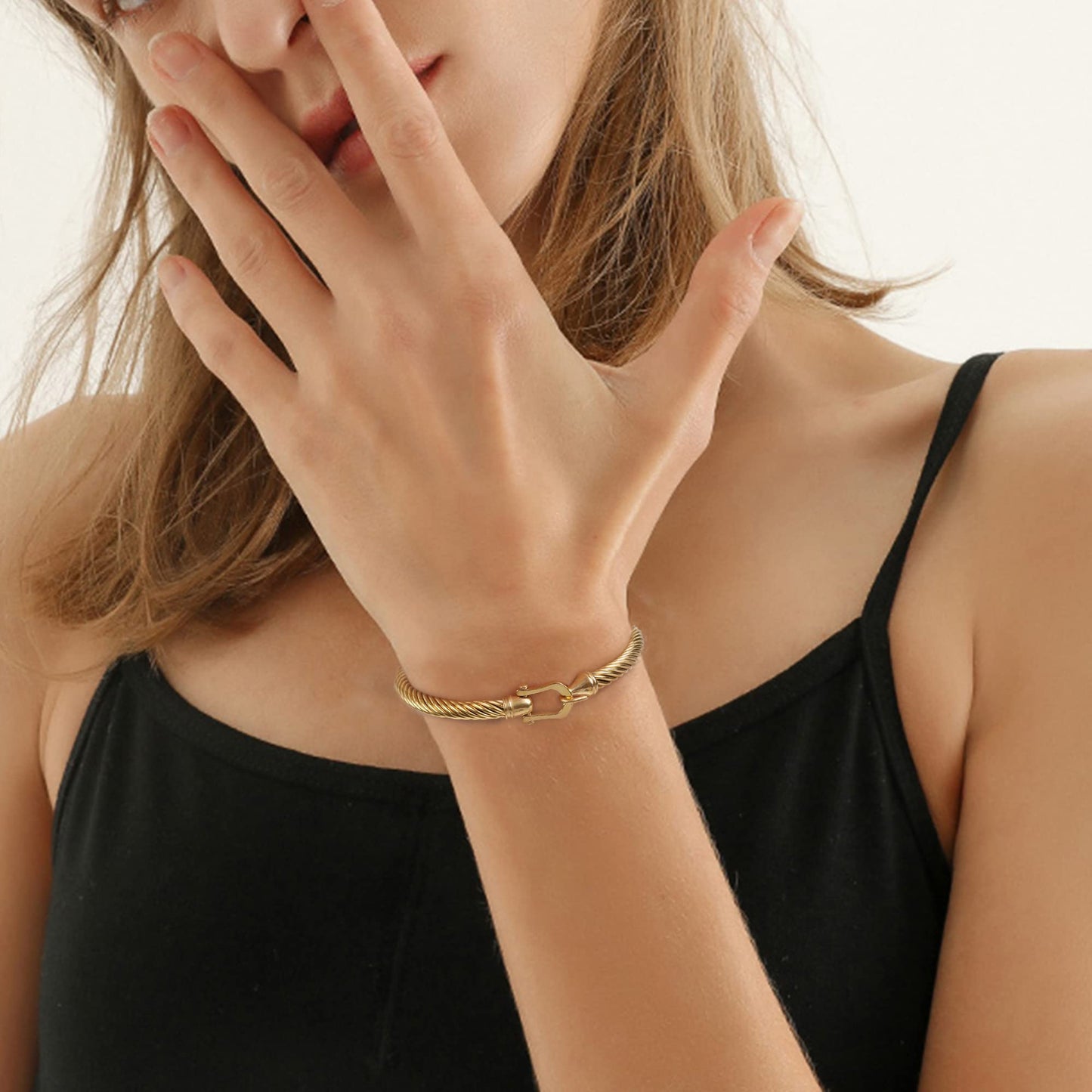 HX SHARE Twisted Cable Bracelet Stylish Fine Stainless Steel Cable Cuff Bracelet with Hook Clasp Bracelets Jewelry for Women Upgrade 18K Gold （7.6"）