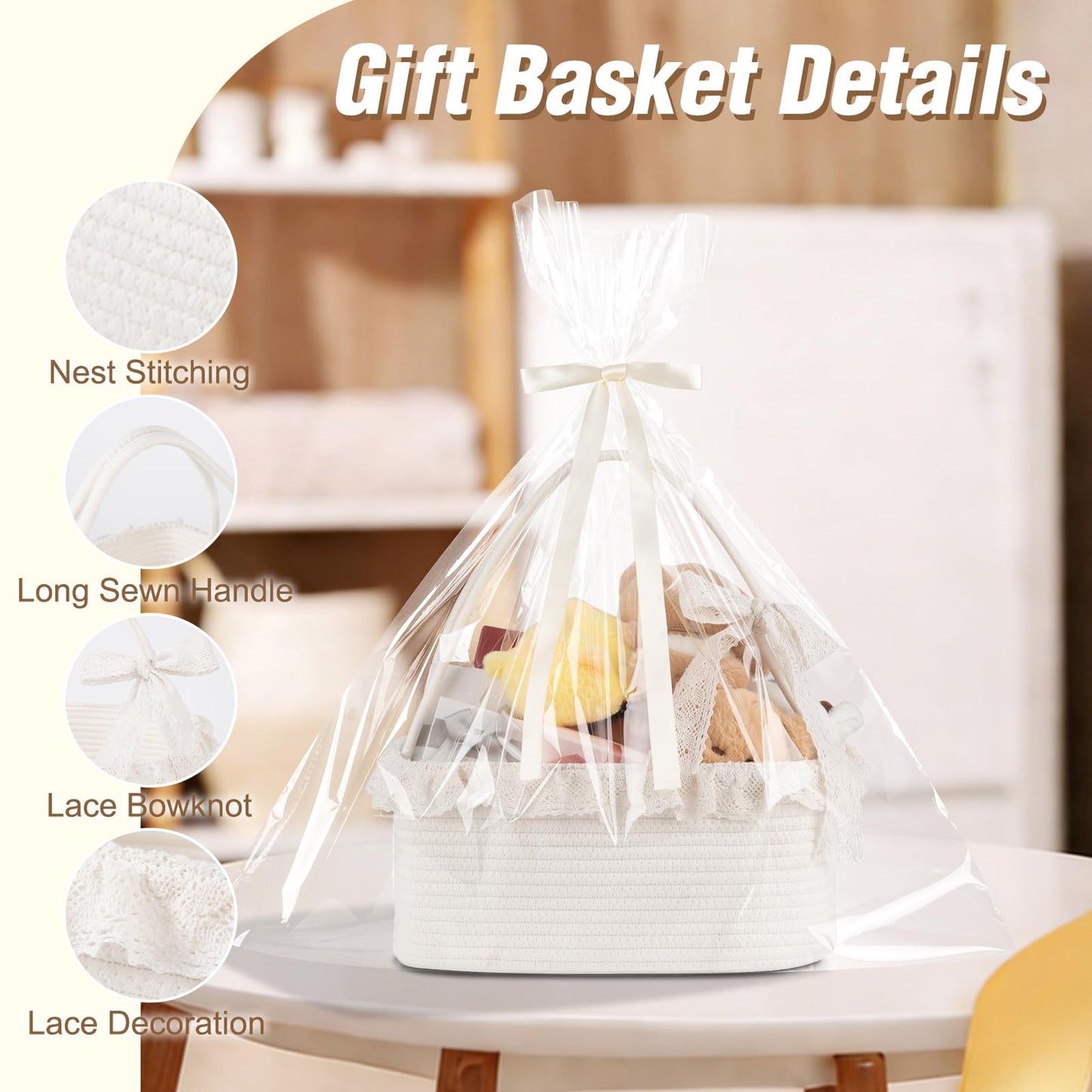 OIAHOMY Gift Basket with Long Handles, Large Woven Baskets for Gifts with Gift Bag, Ribbons and Lace, Cotton Rope Storage Basket for Birthdays, Baby Showers, Picnic, Wedding DIY Presents - White
