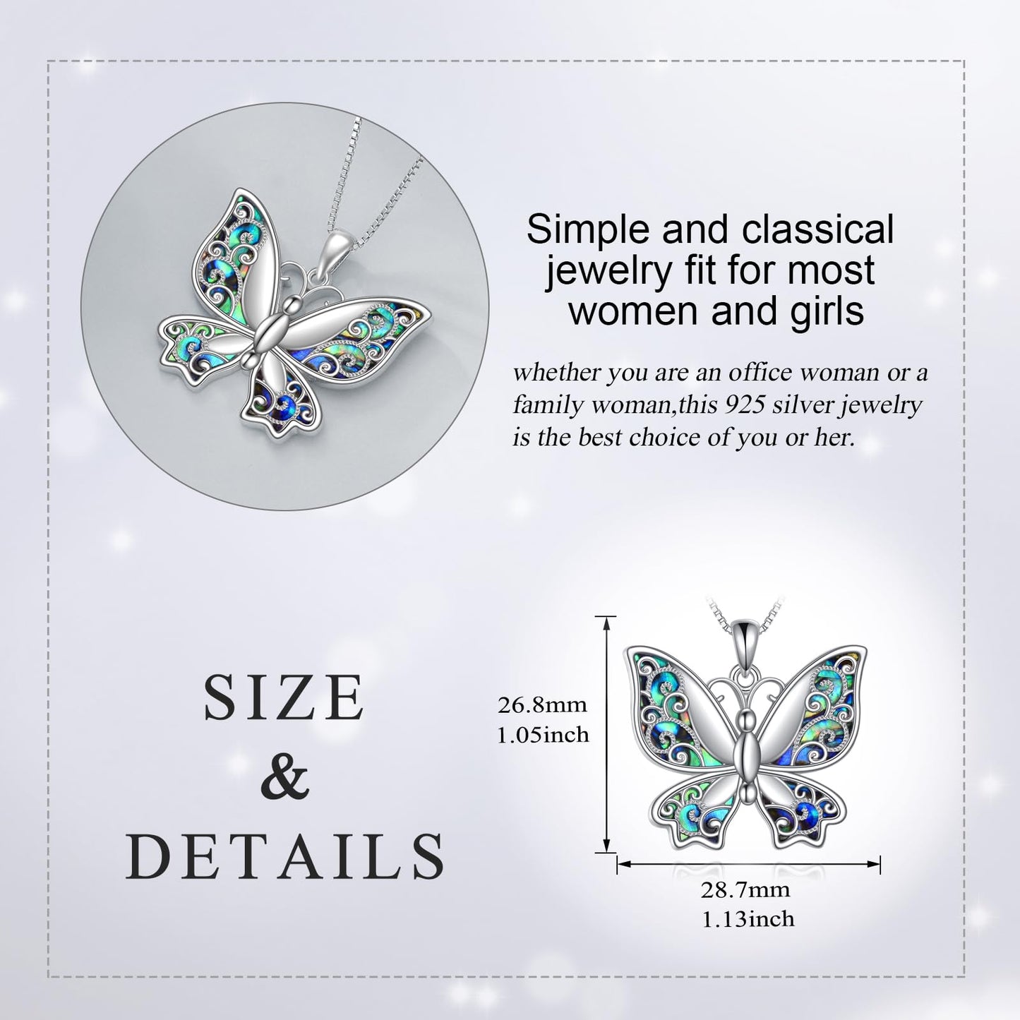KQF Butterfly Necklace 925 Sterling Silver Filigree Butterfly Pendant Abalone Shell Jewelry Gift for Women Mom Daughter