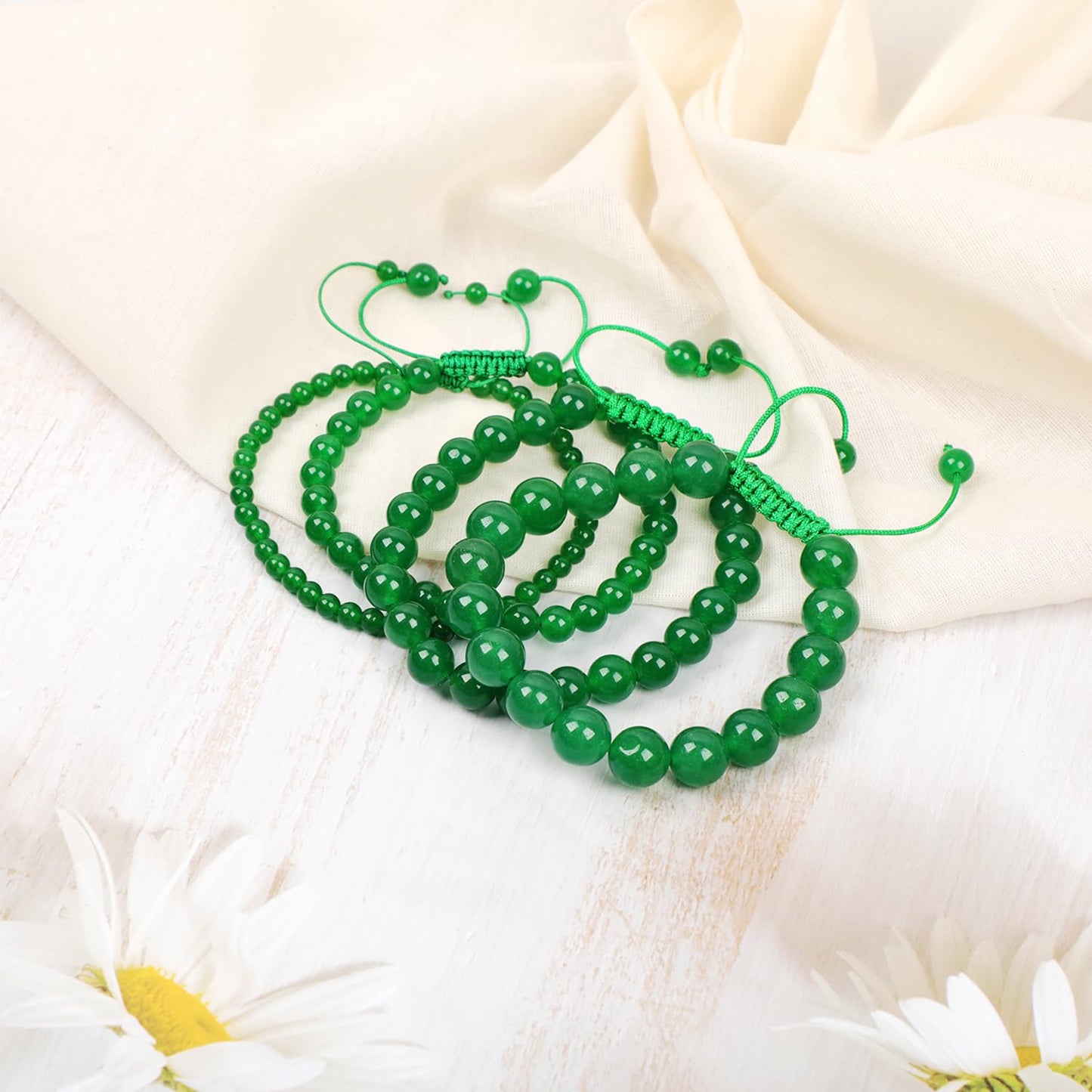 AD Beads 4mm Green Jade Bracelet - Stone of Heart Opening - Handmade Natural Stone Crystal Bracelet with Adjustable Macrame String - Yoga Healing Power Energy Gifts for Men and Women