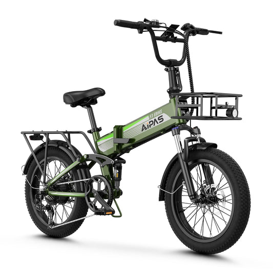 Aipas F3 Electric Bike for Adults with 1500W Motor Peak,48V 12.8Wh Removable Battery Max 62 Miles 28MPH,20" x 3.0 Fat Tire Folding Electric Bike with 7-Speed and Full Suspension with Front Basket