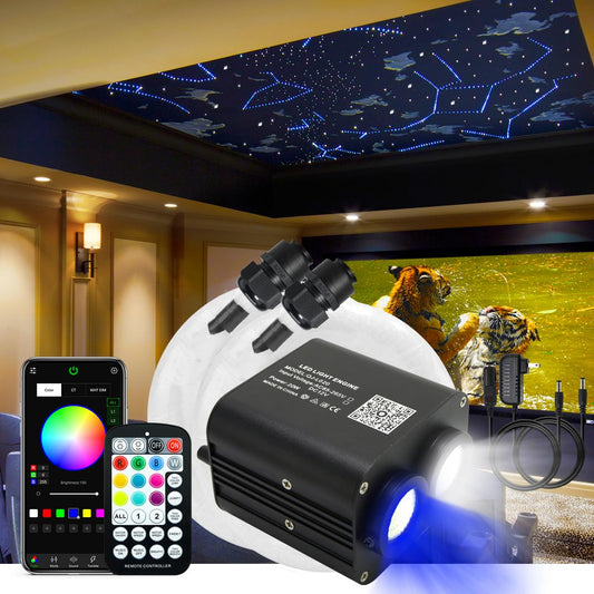 AKEPO 20W Dual-Head APP Twinkle RGBW Fiber Optic Lights, 1300pcs 0.03in 13.1ft/4m Fiber Strands Sound Activated Dual Color Fiber Optic Star Ceiling Light Kit for Car Headliner Star/Home
