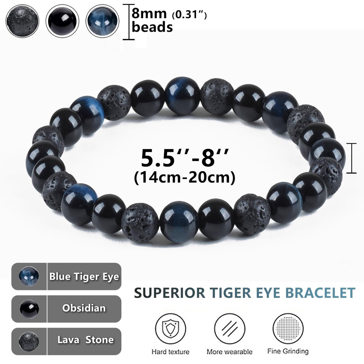 SAMXY Men Bead Bracelet - 8mm Blue Tiger Eye Black Obsidian & Lava Stone Beads - Natural Onyx & Crystal Healing Stones - Handmade Adjustable Protection Bracelet- Spiritual Jewelry Gift for Women men