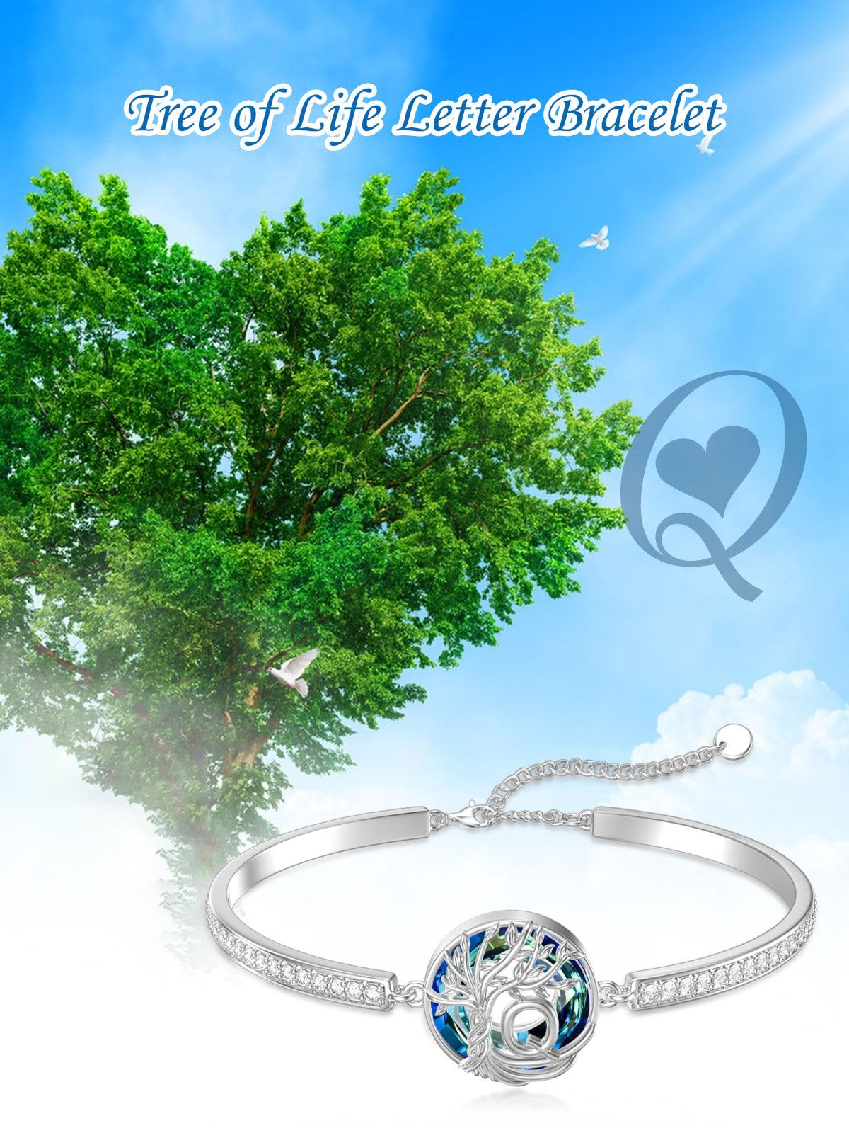 TOUPOP Tree of Life Bracelet Sterling Silver Initial Q Letter Bangle Bracelet Family Tree Blue Crystal Jewelry Mothers Day Birthday Gifts for Women Mom Wife