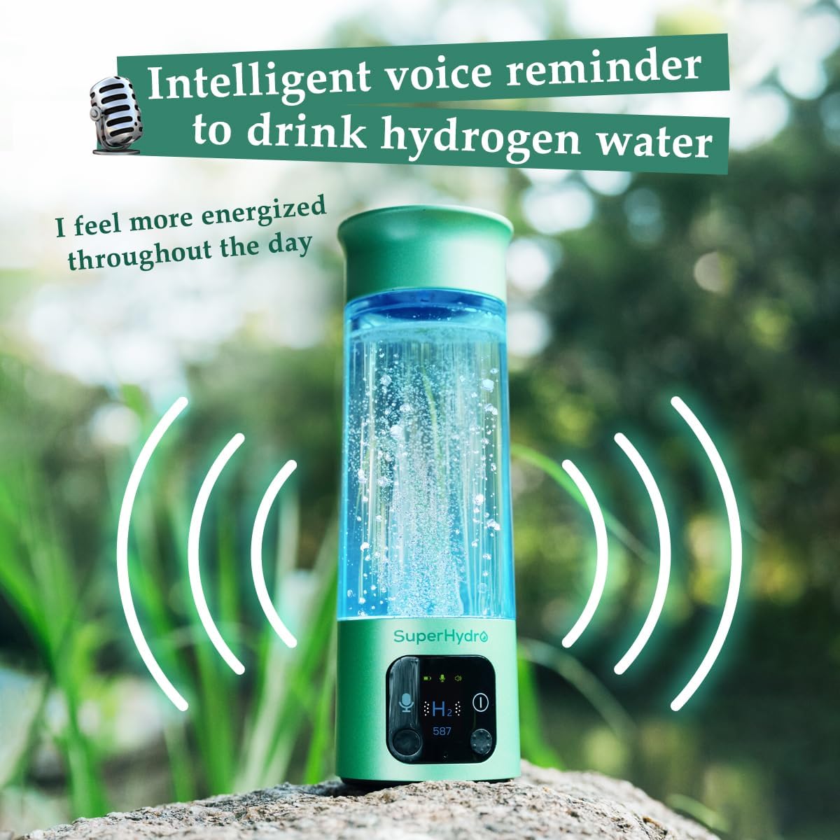 Hydrogen Water Bottle Generator - Up to 6+ PPM Concentration - SPE/PEM Technology - Water Ionizer Machine Suitable for Travel, Daily and Office Drinking - 12oz (Green)