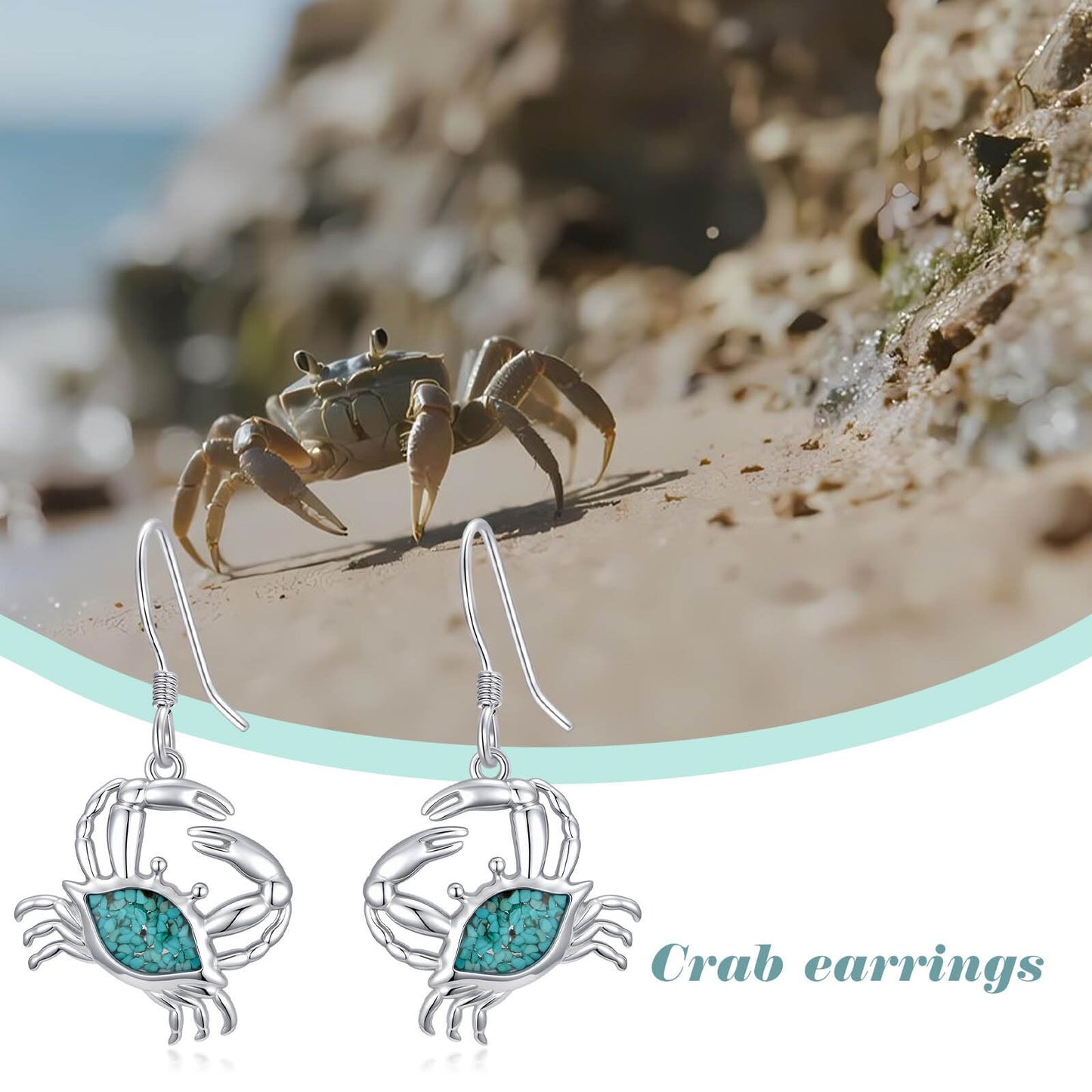 HPQQ Crab Earrings 925 Sterling Silver Turquoise Crab Dangle Earrings Ocean Beach Themed Jewelry Mother's Day Jewelry Gifts for Women