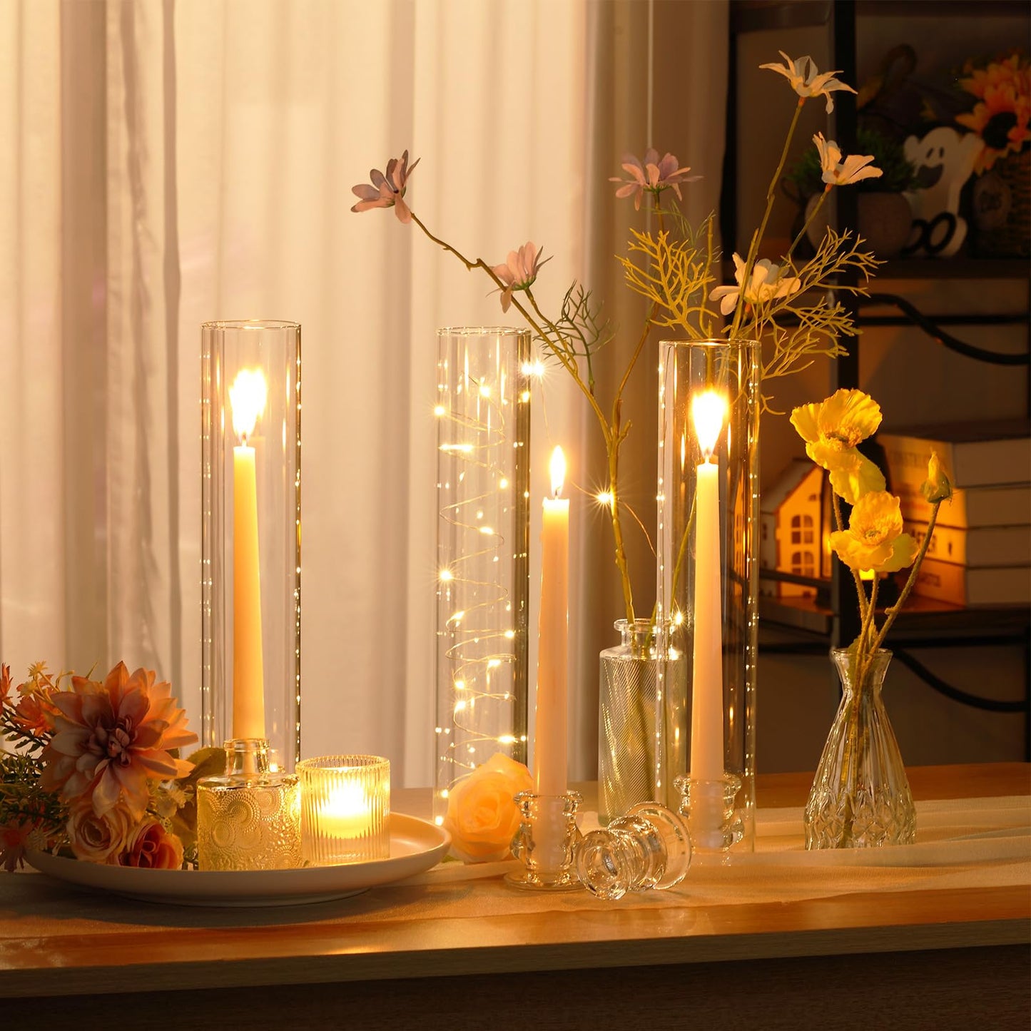 Teenyyou 24 Set Glass Hurricane Candle Holders Bulk 12.6" Open Ended Glass Candleholder Tube Shape Bottomless and 2.2"" Taper Clear Candlestick Holders for Wedding Table Centerpiece (Clear)"