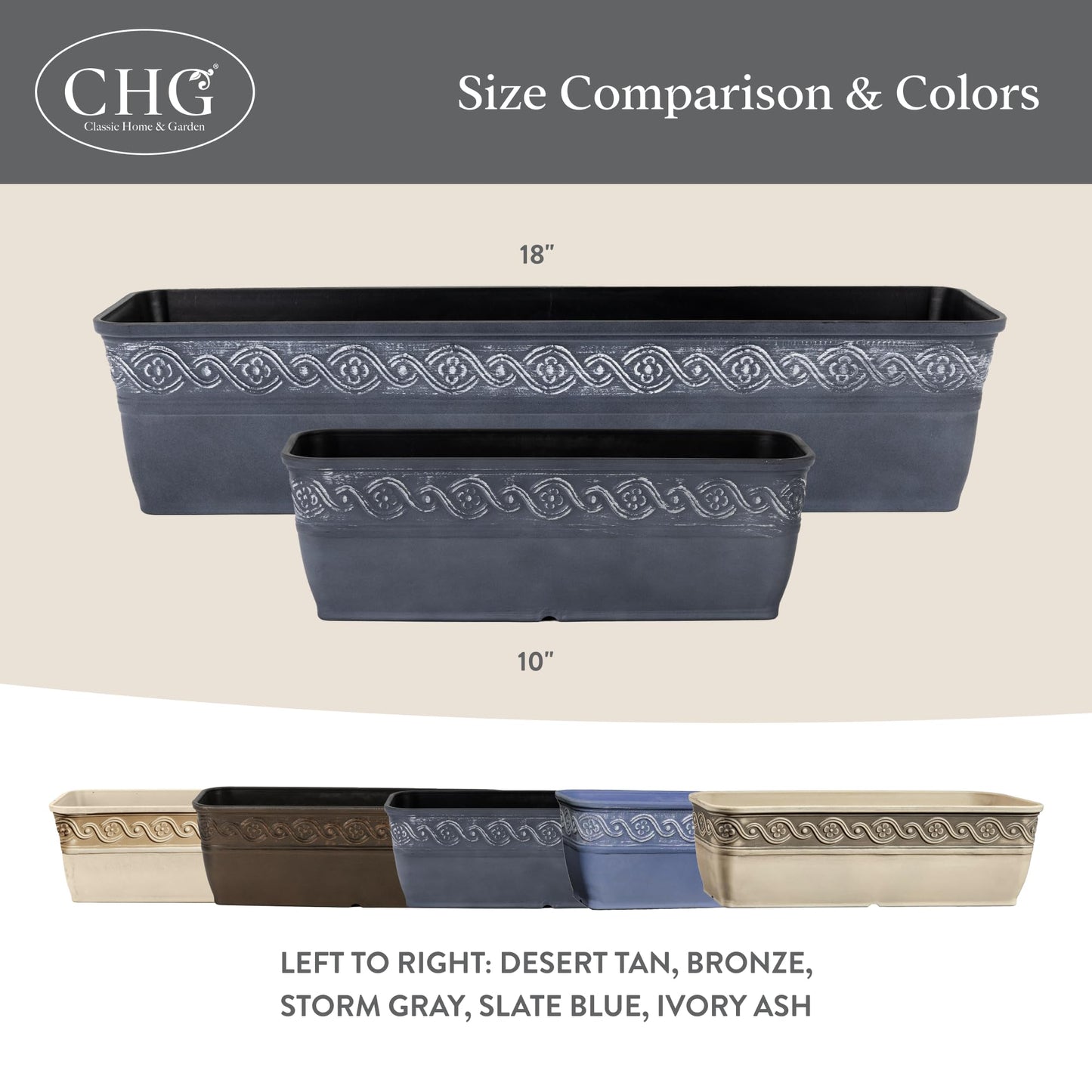 Classic Home and Garden Corinthian Rectangular Planter Box w/Drain Plug - Long Planter for Window Sills & More - Window Box Planters for Herbs & Flowers (18” Oil Rubbed Bronze)