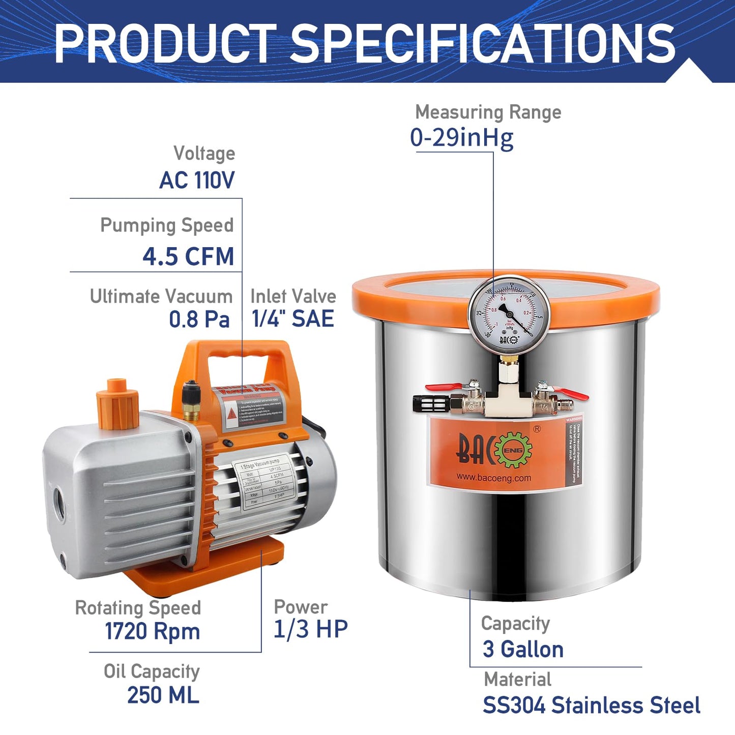 BACOENG 3 Gallon 4.5 CFM Tempered Glass Lid Vacuum Chamber with Pump, Degassing Chamber Kit for Stabilizing Wood, Degassing Silicones, Epoxies and Essential Oils