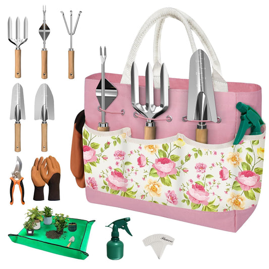 22PCS Garden Tools Set for Women,Mothers Day Garden Gifts for Mom Beginner,Heavy Duty Hand Tool Kit Gardening Supplies Included Handy Tote Bag/Trowel/Repotting Mat/Rake/Pruner/Gloves/Plant Tags -Pink