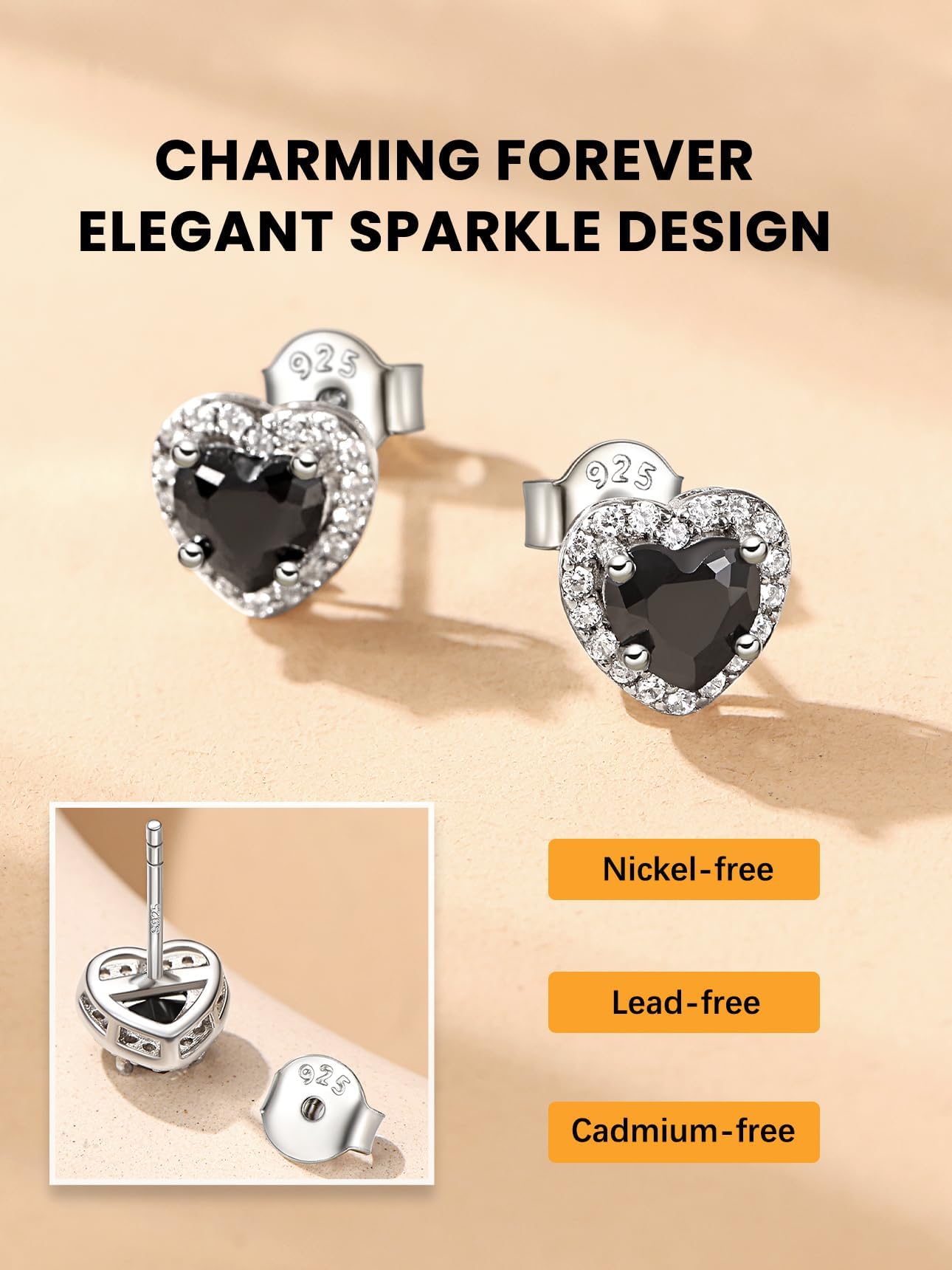 Bestyle 925 Sterling Silver Heart Birthstone Stud Earrings for Women, Black Onyx Earrings Black Diamond Stud Earrings, Women Black Silver Earrings for Everyday Wear