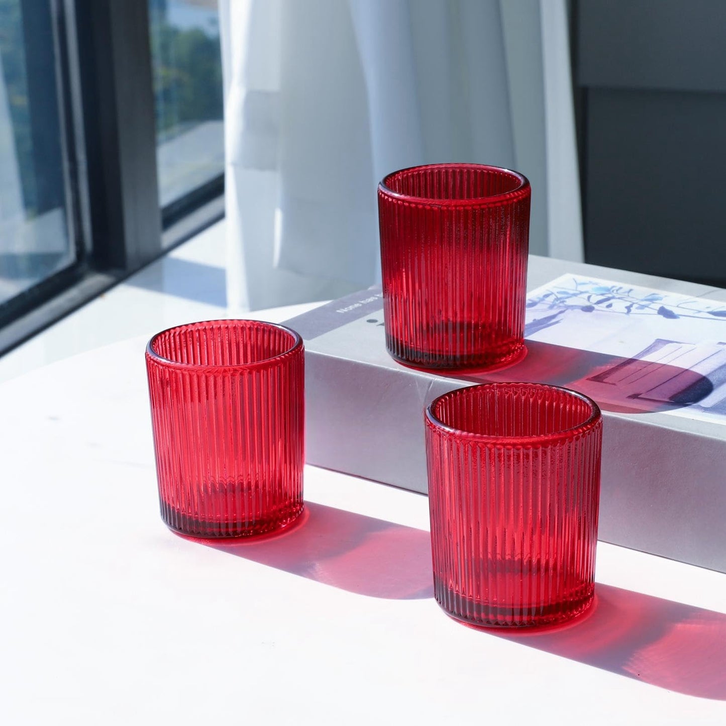 VOHO Red Candle Holders Set of 12, Ribbed Glass Votive Candle Holders Bulk for Holiday/Party Decorations, Tea Lights Candle Holder Wedding Centerpieces for Tables