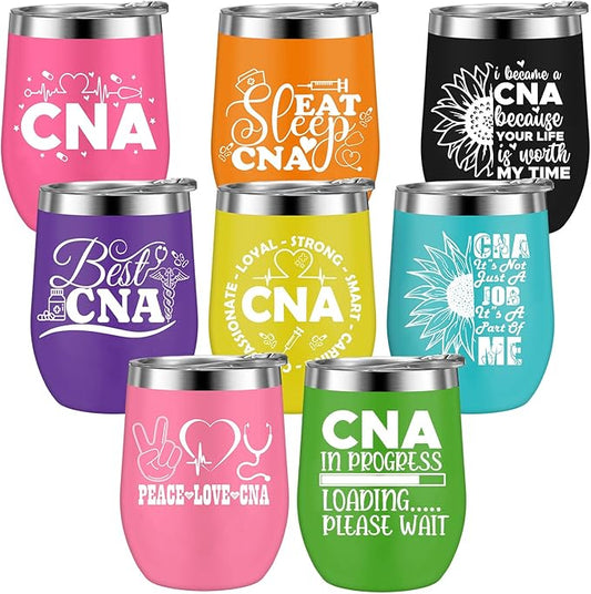 Sliner 8 Pcs CNA Gifts Tumbler with Lid, 12oz Stainless Steel Cups CNA Week Appreciation Gifts Medical Tumblers for Women Men RN Certified Nursing Assistant Graduation Office Essentials Nurse Week