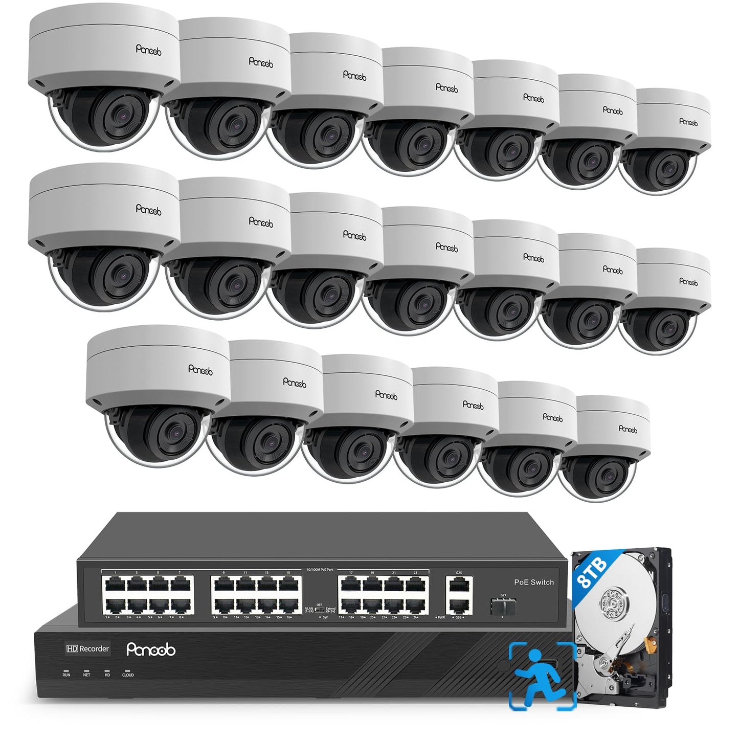 PANOOB 32 Channel Security Camera System, 20x 5MP Wired IK10 Vandal-Proof Dome IP PoE Cameras Outdoor with AI Human Detection, Built-in Microphone, Remote Access, 4K 32CH NVR 8TB HDD, PD54A2032-5M