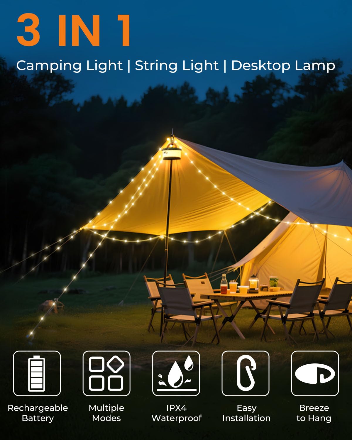Bylitodt Camping String Lights, Retractable 32.8ft RGB Flash Lamp, Rechargeable Fairy LED Rope Lights Outdoor Waterproof, Portable Hanging Lantern for Outside Tent Patio Awning Garden RV Essentials