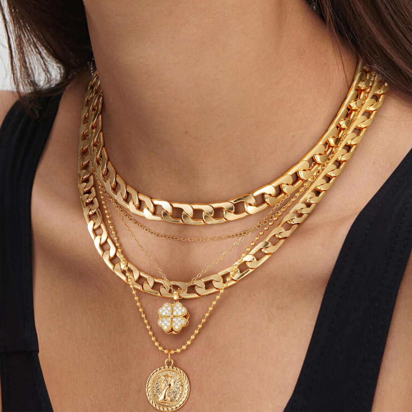 MJartoria Gold Layered Necklaces for Women Trendy Retro Coin Pendant Necklace Dainty Chunky Chain Choker Necklaces for Jewelry Birthday Gifts (Gold, A-Z-Rotatable Clover-5 in 1 Layered)