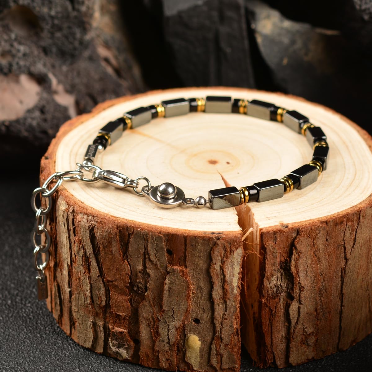 Casvia Hematite & Obsidian Bracelet for Men, GritChain Adjustable Stainless Steel Beaded Bracelet, Easy to Wear Chakra Jewelry, Ideal Gift for Dad, Husband, Boyfriend