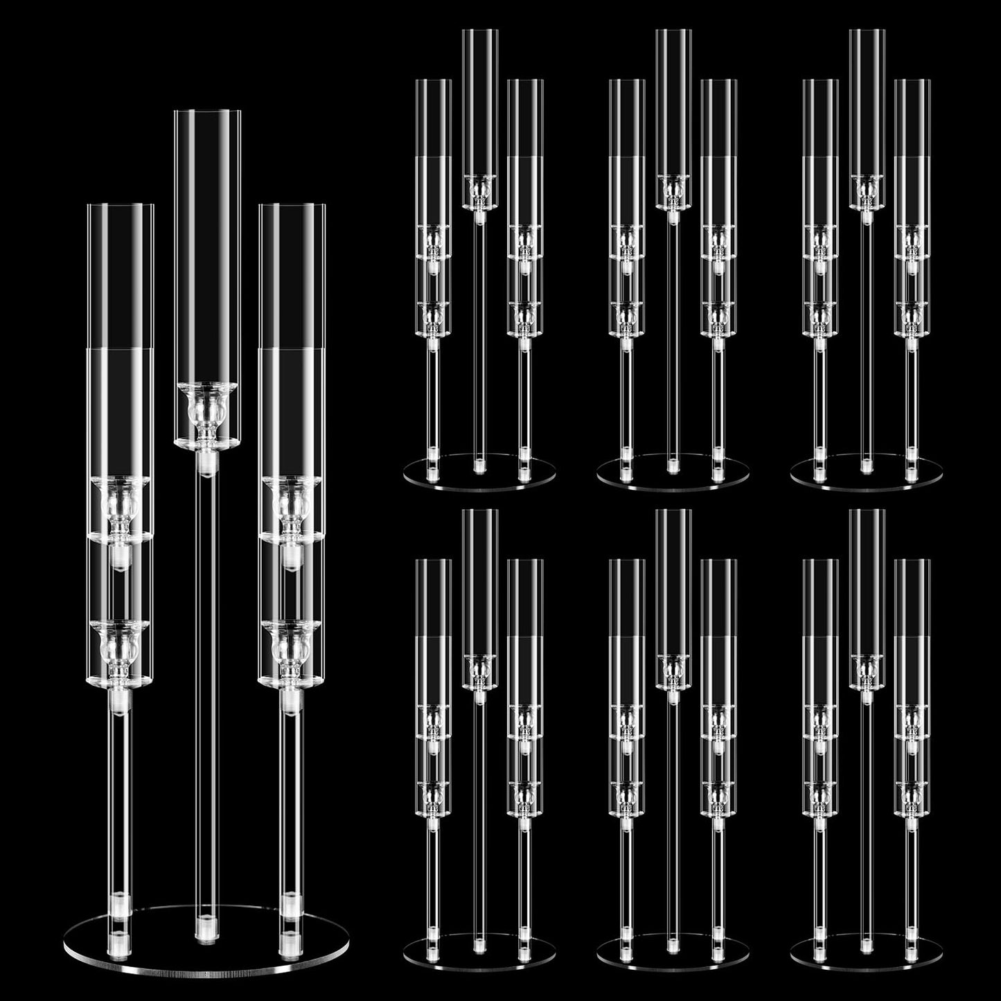 6 Set 5 Arm Acrylic Candelabra Centerpiece, Mjkeomo 27'' Tall Clear Candle Holder for Table, Wedding, Christmas, Fireplace Mantel Decor, Fits 0.82" LED Candles"
