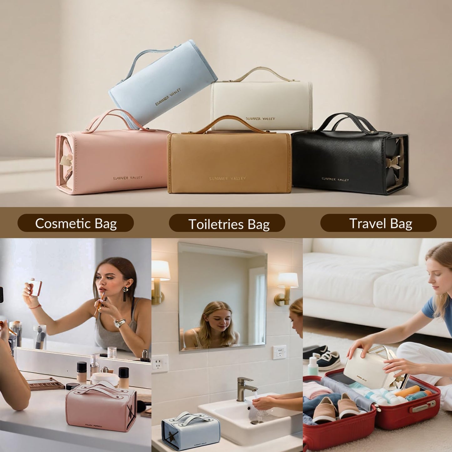 YDR 4-in-1 Travel Makeup Bag with Detachable Pouches, Large Hanging Toiletry Organizer for Women, Waterproof PU Leather Cosmetic Bag for Brushes, Toiletries & Skincare, Portable Roll Up Case