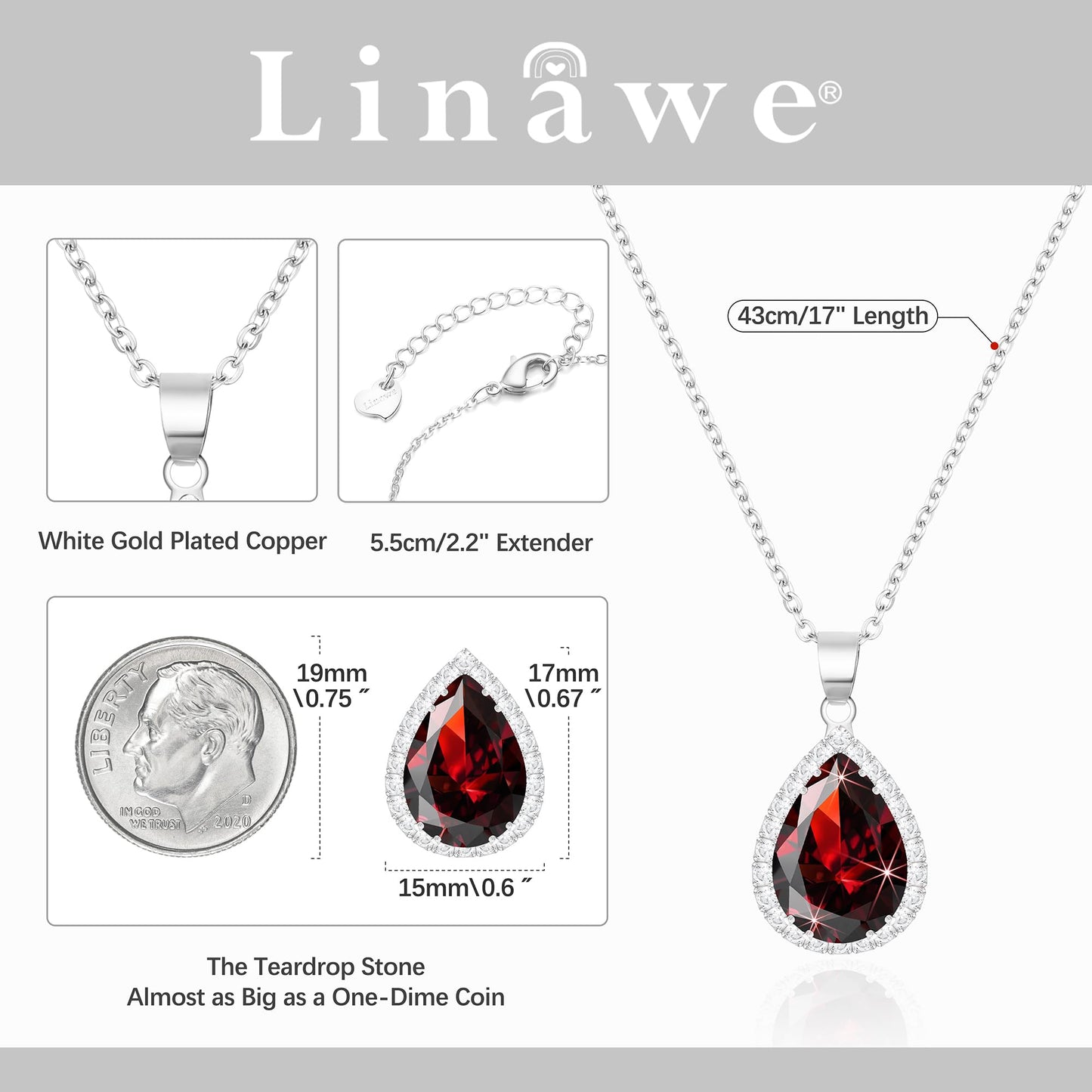 Linawe Silver Chain Necklace, Ruby Crystal Imitation Diamond Necklace for Women Trendy, Red Pendant, Boho Costume Jewelry Cubic Zirconia Birthstone Rhinestone Set
