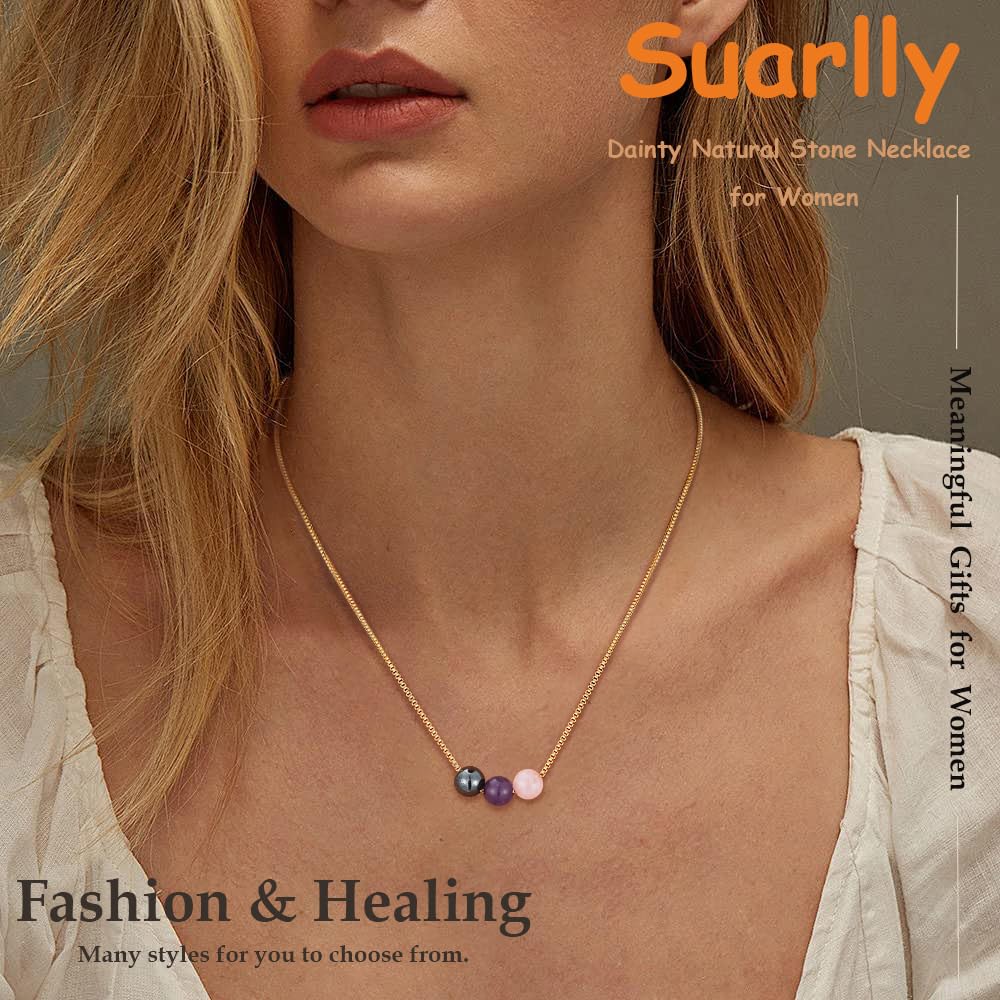 Suarlly Healing Crystal Necklace for Women 14k Plated Gold Beaded Necklace Anxiety Relief Triple Protection Amethyst Gifts for Friends Sister Mom Daughter Jewelry