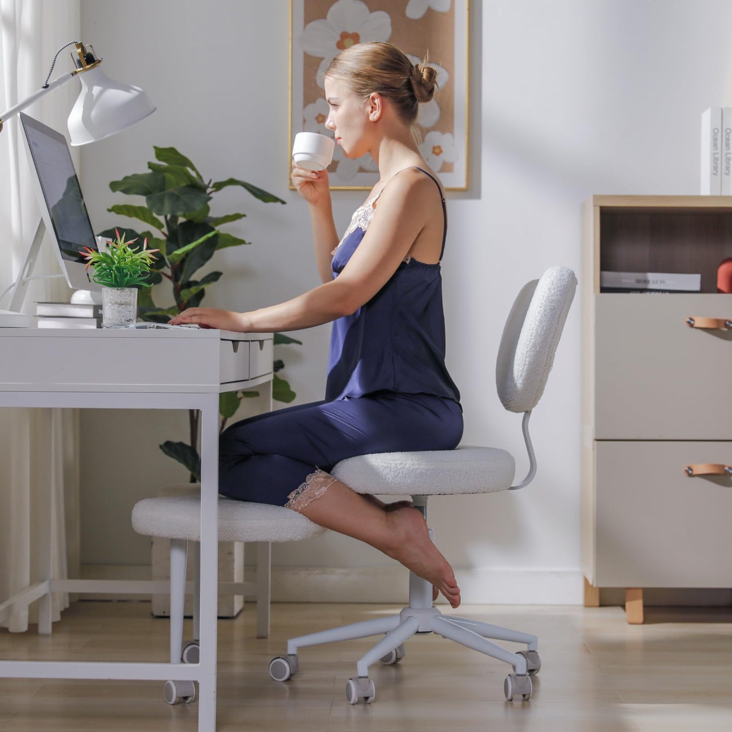 Ergonomic Cross Legged Chair with Wheels,360° Swivel Meditation Chair,ADHD Chair, Criss Cross Desk Chair with Lumbar Support and Adjustable Stool, Flexible Design for Fidgety Sitters, Ivory