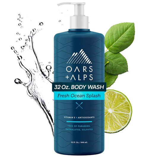 Oars + Alps Body Wash for Men, Mens Body Wash & Face Cleanser with Vitamin E & Antioxidants, Moisturizing, Paraben & Sulfate Free Cleanser, Fresh Ocean Splash, 32oz
