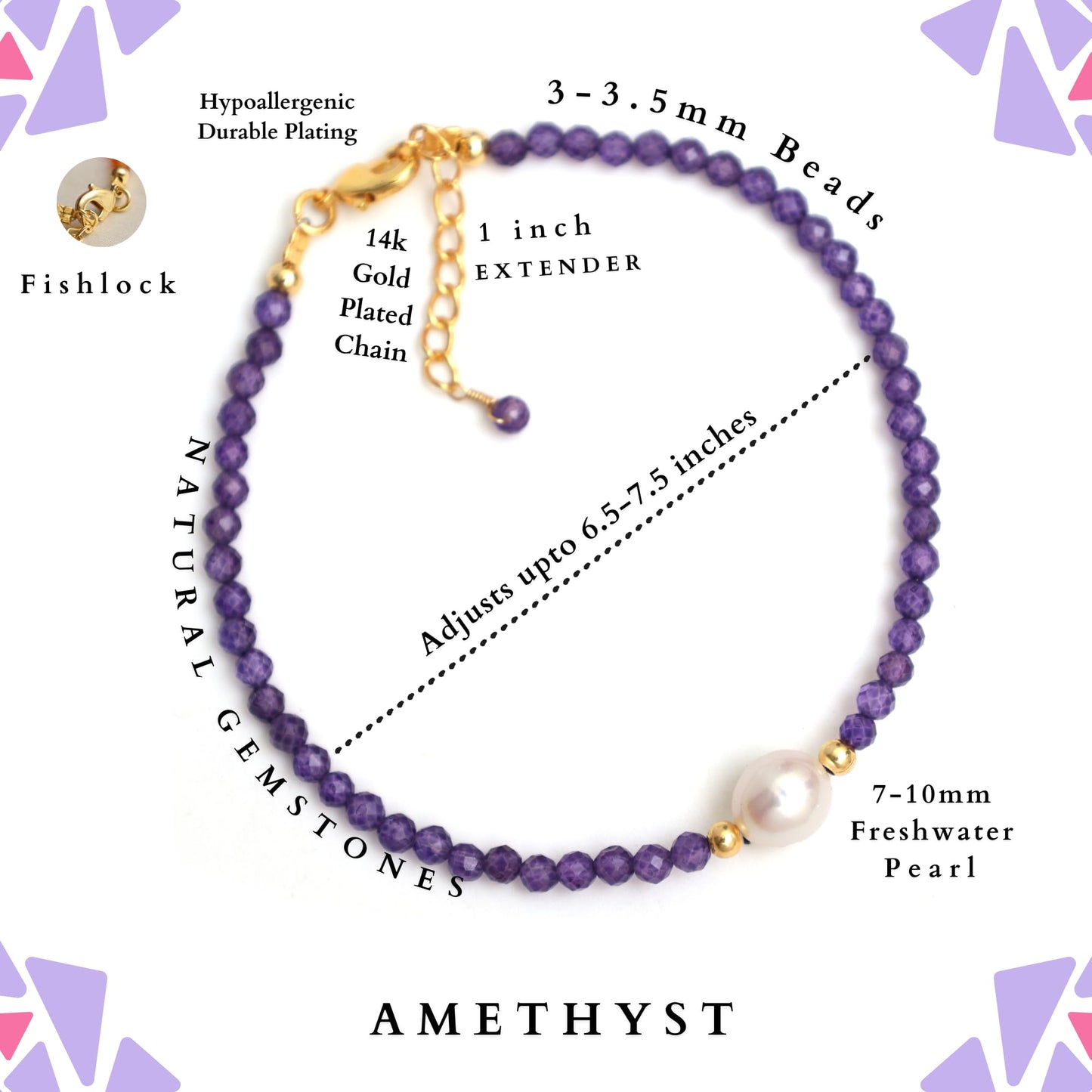 Gempires Amethyst Beaded Bracelet with Pearl Choker Crystal Jewelry Lightweight February Birthstone Gifts Hypoallergenic 7.5 Inch Gold Plated Trendy Fashion Everyday Wear Jewelry
