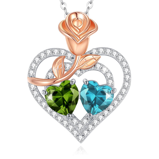 AGVANA August December Birthstone Jewelry Peridot Blue Topaz Necklace Sterling Silver Rose Flower Heart Double Birthstone Pendant Necklace Anniversary Birthday Gifts for Women Mom Wife Lady Her