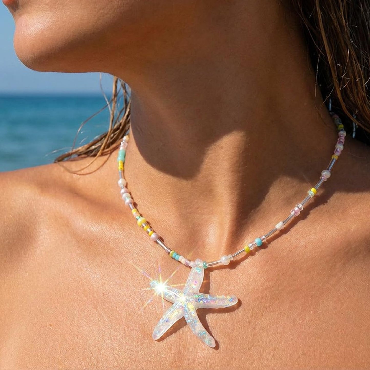 Peraca Cris Sea Shell Necklace Starfish Pendant Necklace for Women Colorful Summer Vacation Jewelry for Women Small Candy Beaded Necklaces Boho Jewelry Lime Green Pink Accessories Gifts